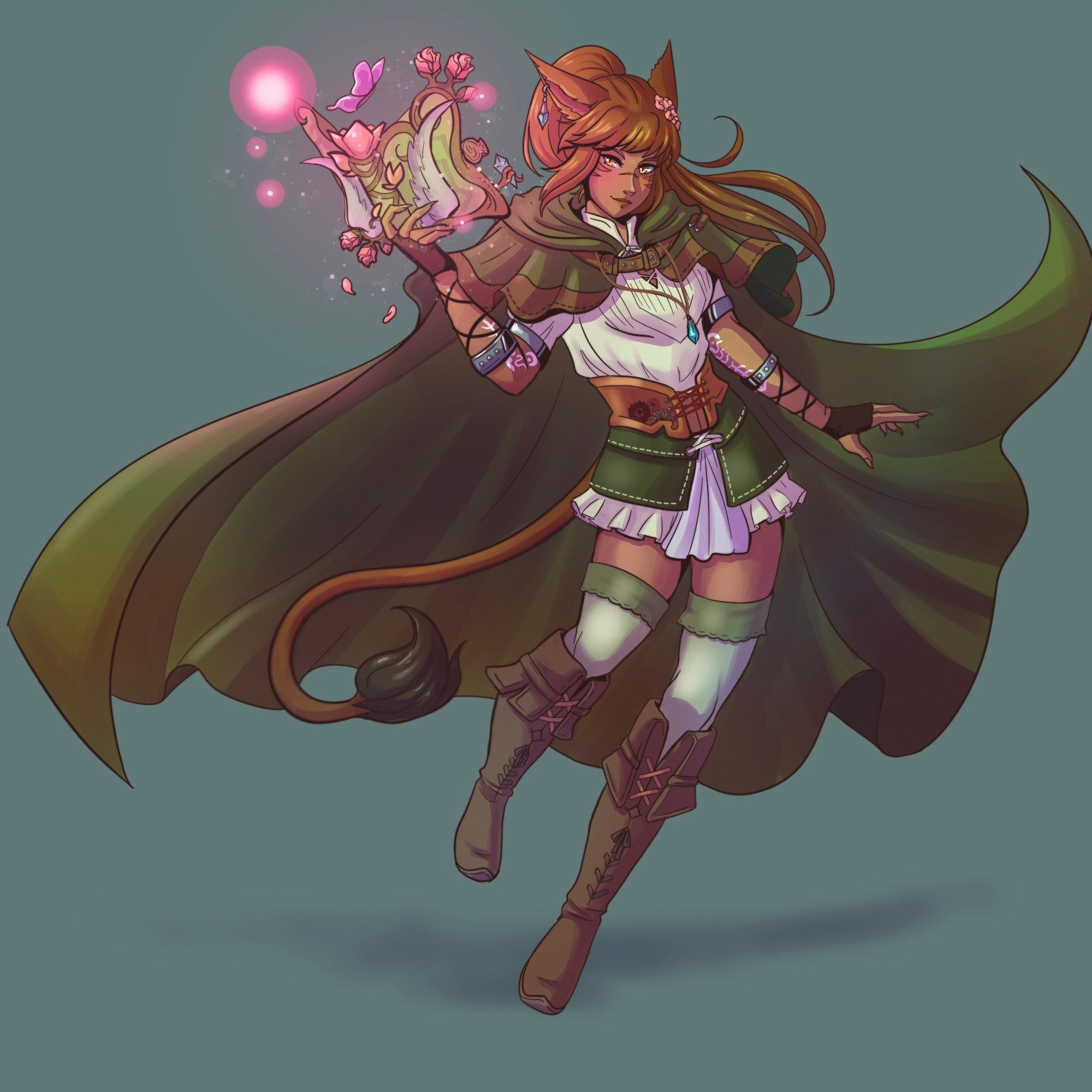 Digital art of a female Miqo'te summoner from FFXIV. She holds a pink shining time and wears green and white. 