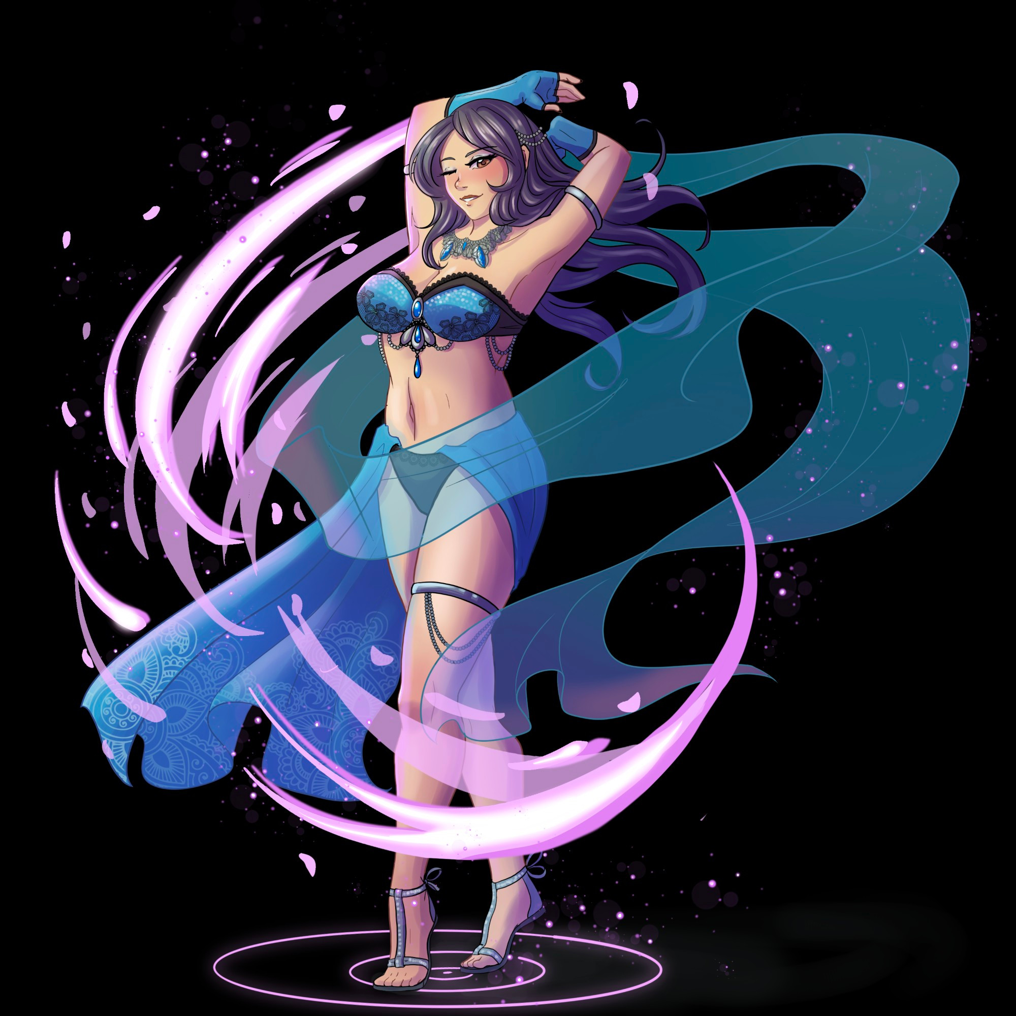 Digital art of a dancing woman in blue. A blue, sheer scarf flows around her and pink swirls of energy radiate from her movements 