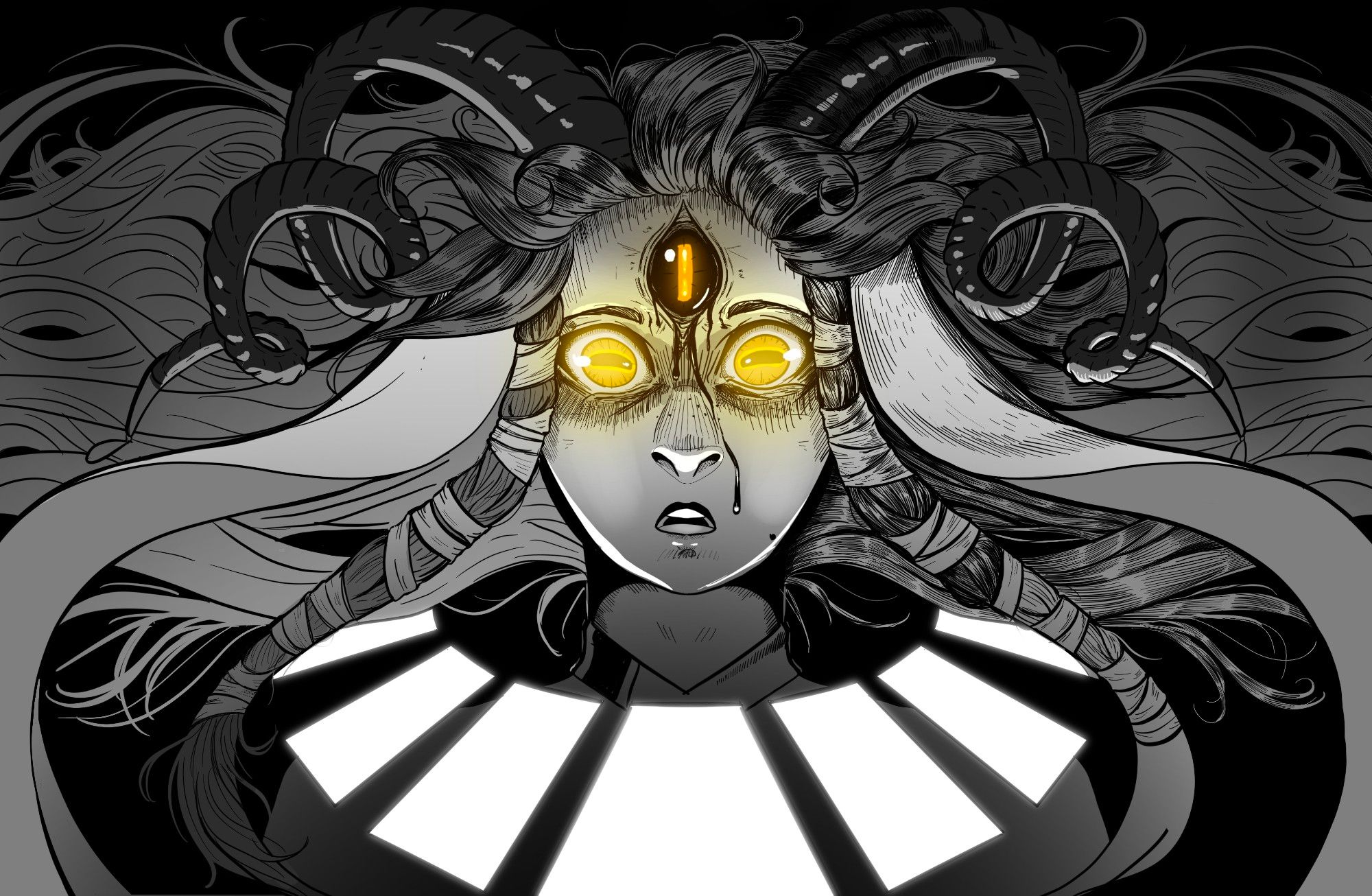 Digital art in black and white with just yellow highlights. A girl with goat-like features stares wide eyed at the camera, a third eye opening on her forehead. The glowing forms of faceless cards surround her neck