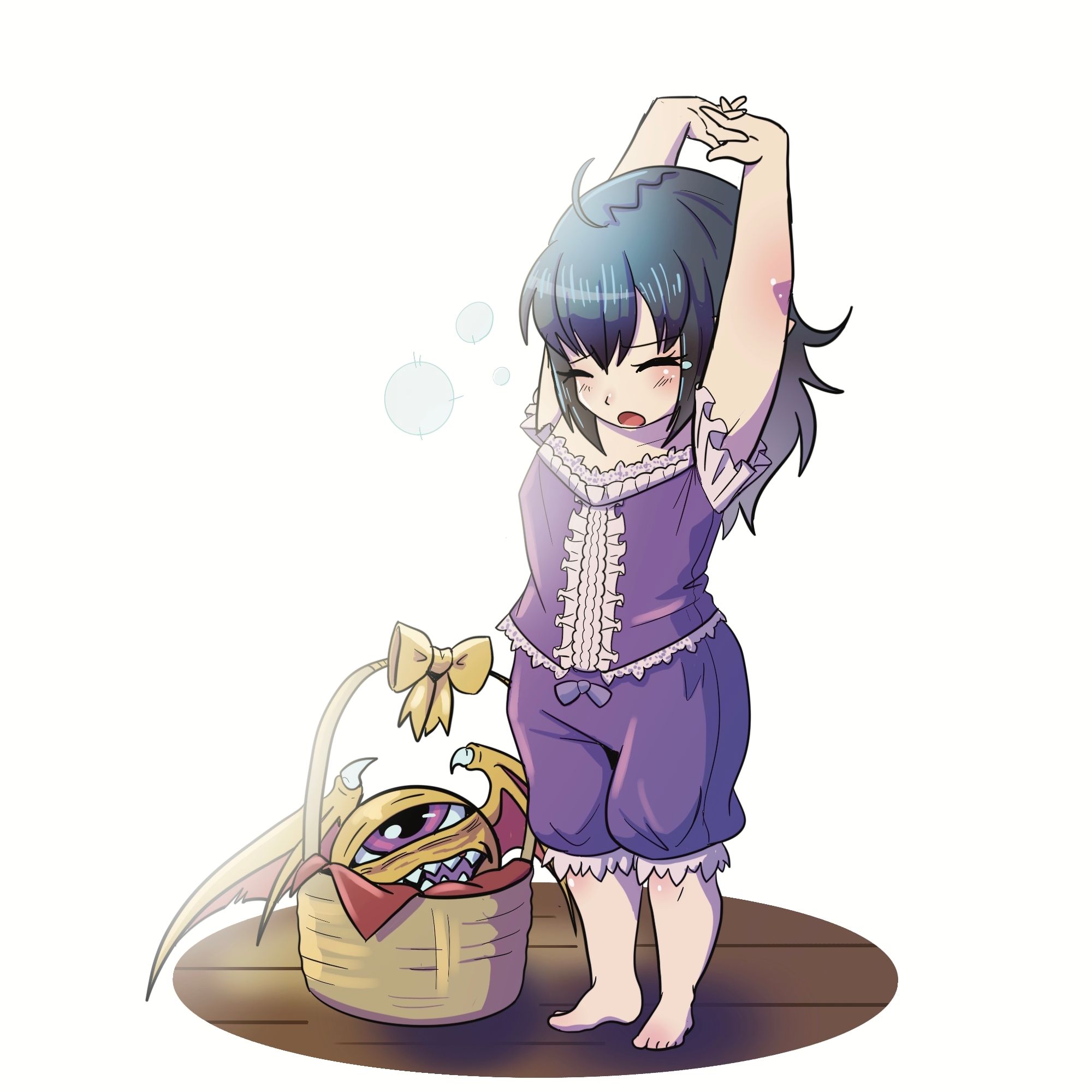 Art of a black-haired Lalafell from FF14 in violet PJs stretching and yawning. Next to her is a beady eye minion nestled in a basket looking groggy.