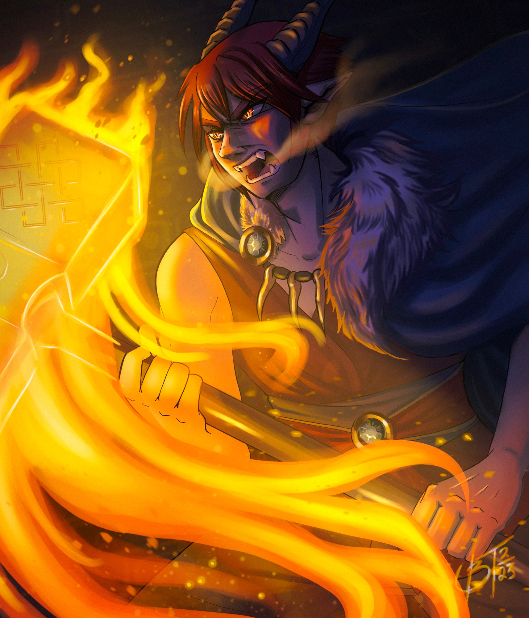 Digital art of a horned man wielding a flaming great hammer. His eyes glow orange and he roars menacingly, smoke pouring from the sides of his fanged mouth 