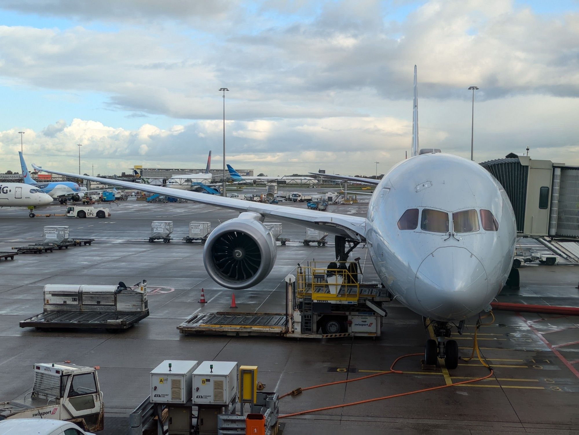 Nose-on view of a 787 at a gate