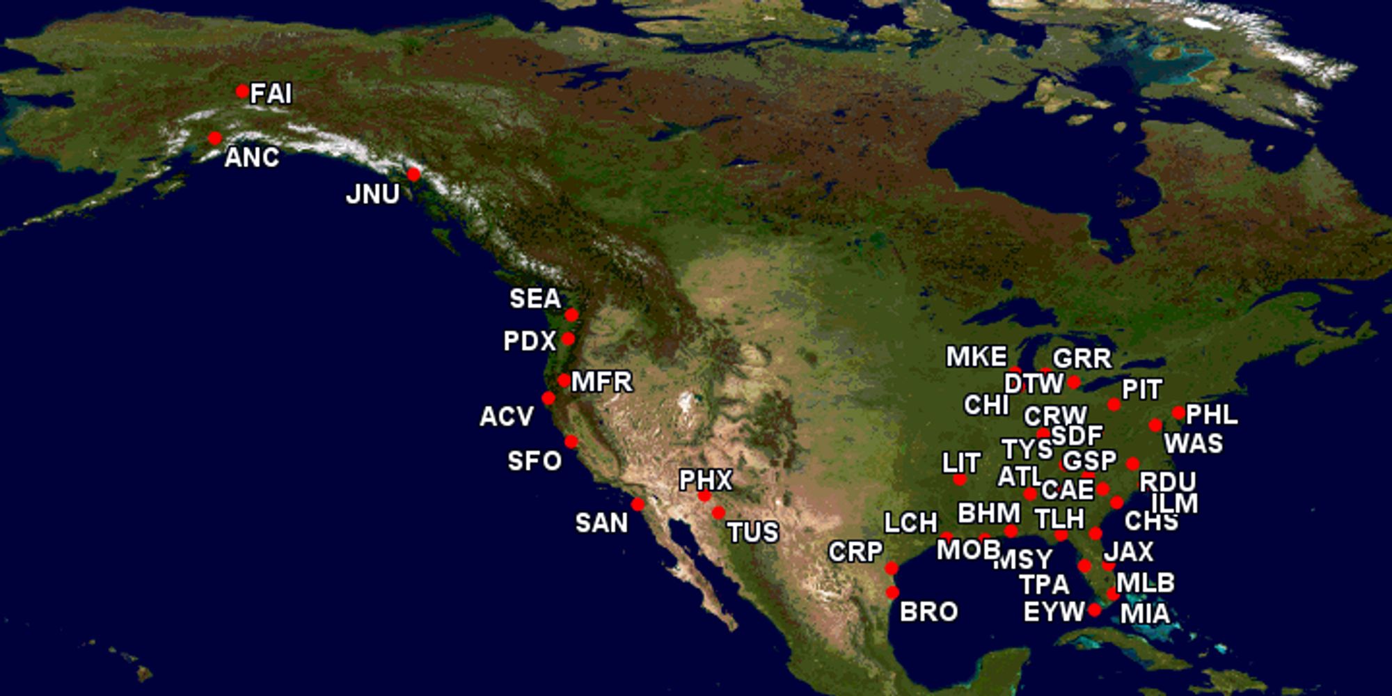 Map of the US with 40 dots on it.