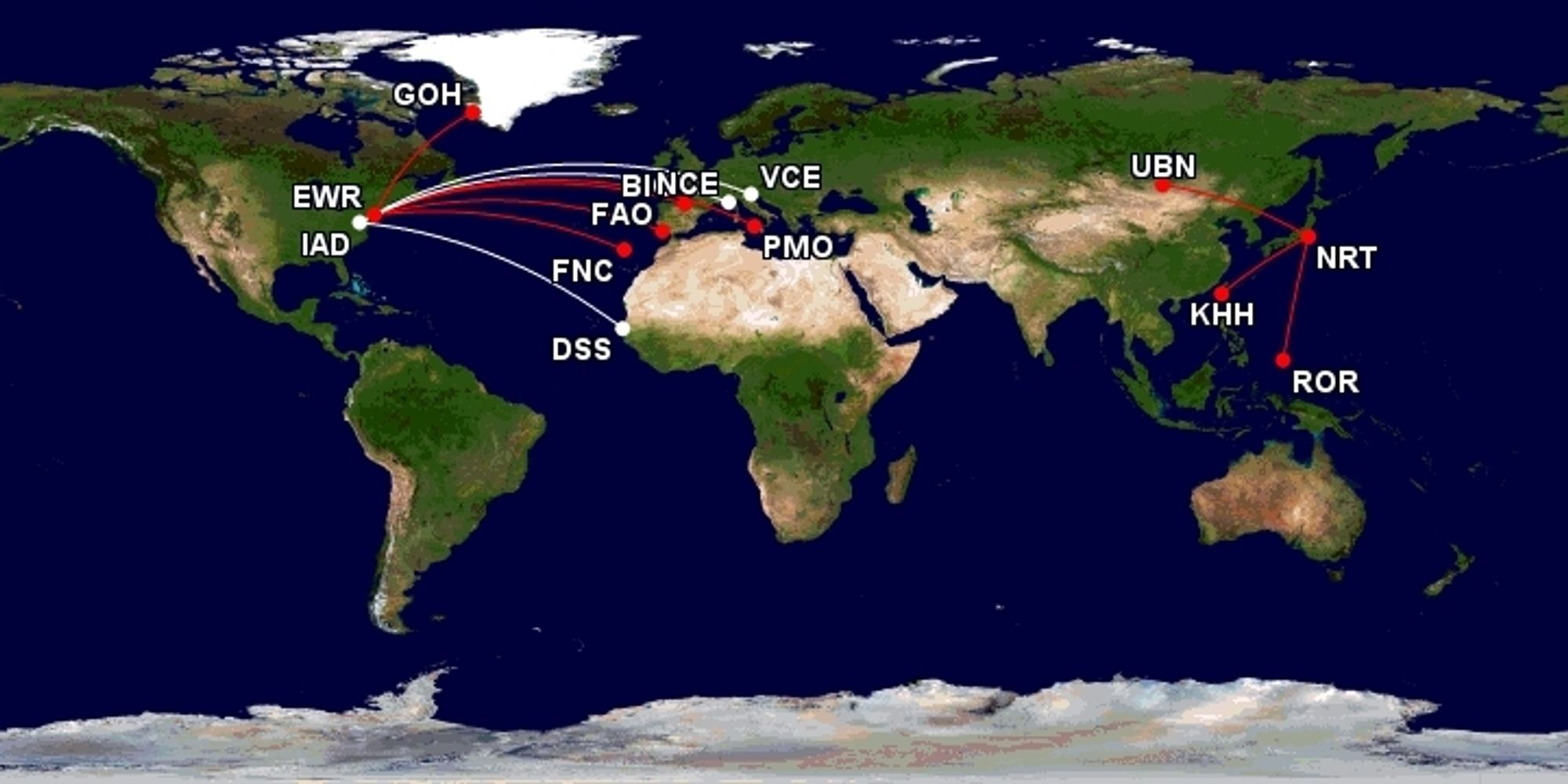 Route map showing 
nrt-ubn/khh/ror
EWR-goh/PMO/BIO/FNC/FAO,
 IAD-DSS/NCE/VCe