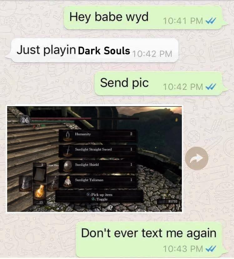 The picture is a text message conversation between a couple. 
The first person says hey babe what you doing 
The second person says just playing Dark Souls 
First person says send pic 
It's a picture of somebody collecting the sunlight straight Sword and sunlight shield implying that something has happened to Solaire
The first person says don't ever text me again