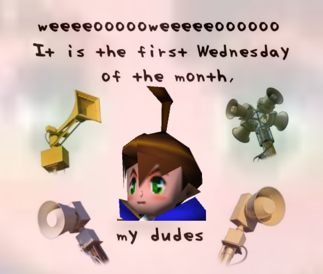 Image has Brian and some horns 
It says 
"Weeeeoweeeooooo It is the first Wednesday of the month my dudes"