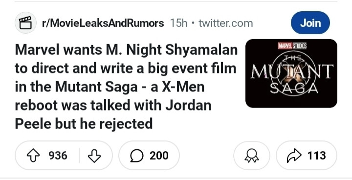 A post from r/MovieLeaksAndRumours that says Marvel wants M Night Shyamalan to do a Marvel movie