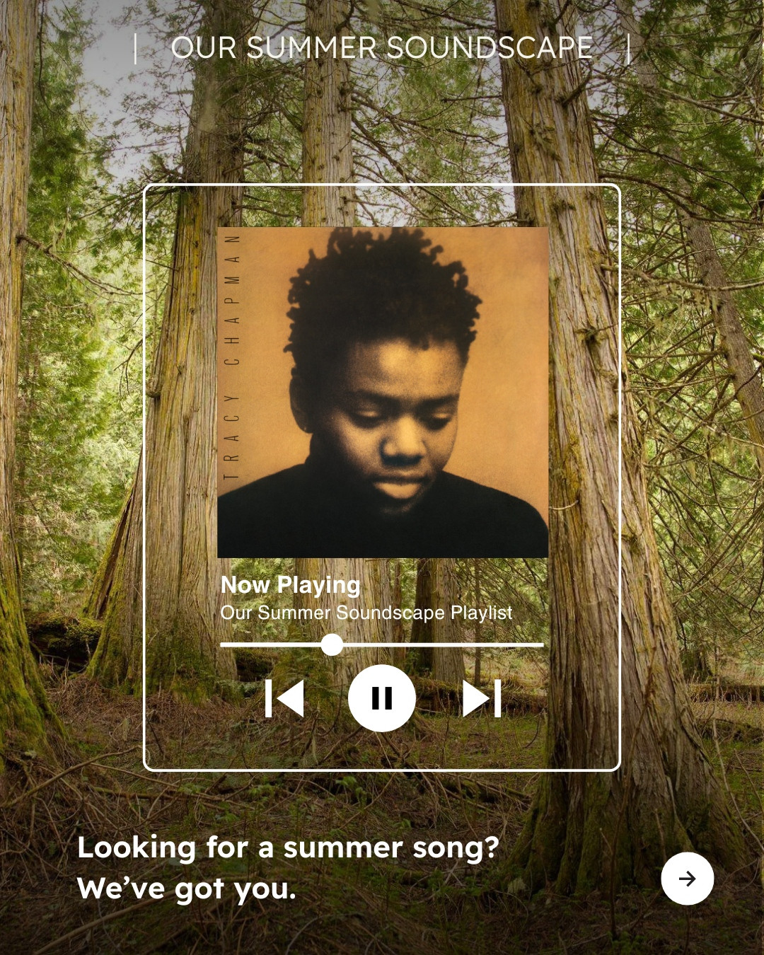 Background photo of an old growth forest. Text reads “OUR SUMMER SOUNDSCAPE” at top of image with icon of a song playing on a streaming device, with play/pause button and skip and back buttons visible. Image of the album “Tracy Chapman” from Tracy Chapman with text below reading “Now Playing” “Our Summer Soundscape Playlist”. Text below icon reads “Looking for a summer song? We’ve got you.” Arrow icon in bottom right corner. 