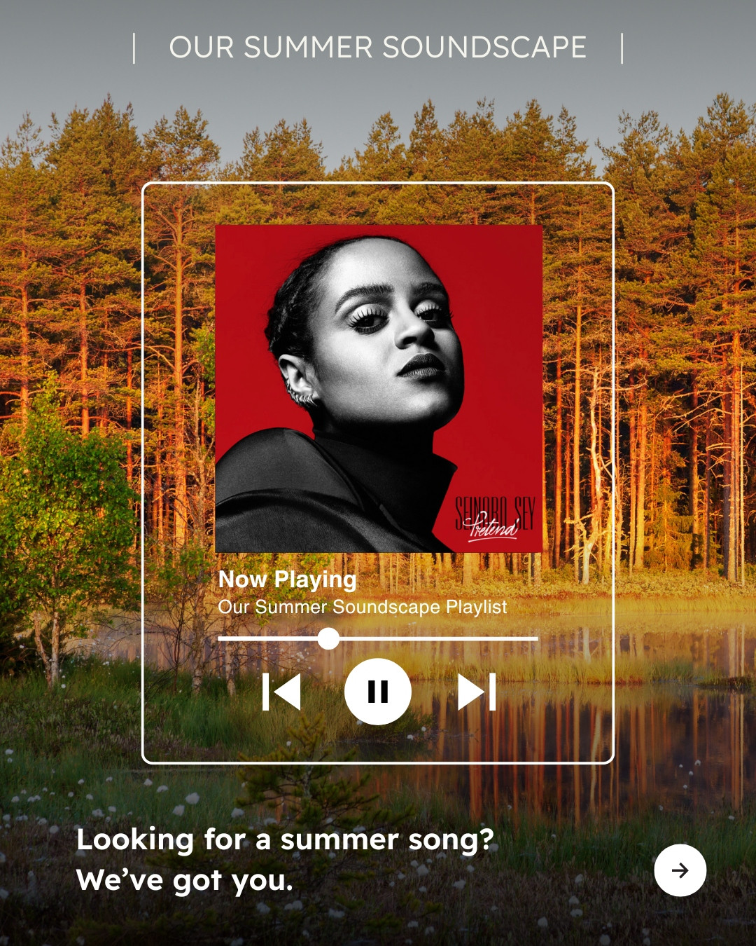 Background photo of a sunny forest with a pond in the foreground. Text reads “OUR SUMMER SOUNDSCAPE” at top of image with icon of a song playing on a streaming device, with play/pause button and skip and back buttons visible. Image of the album “Pretend” from Seinabo Sey with text below reading “Now Playing” “Our Summer Soundscape Playlist”. Text below icon reads “Looking for a summer song? We’ve got you.” Arrow icon in bottom right corner. 