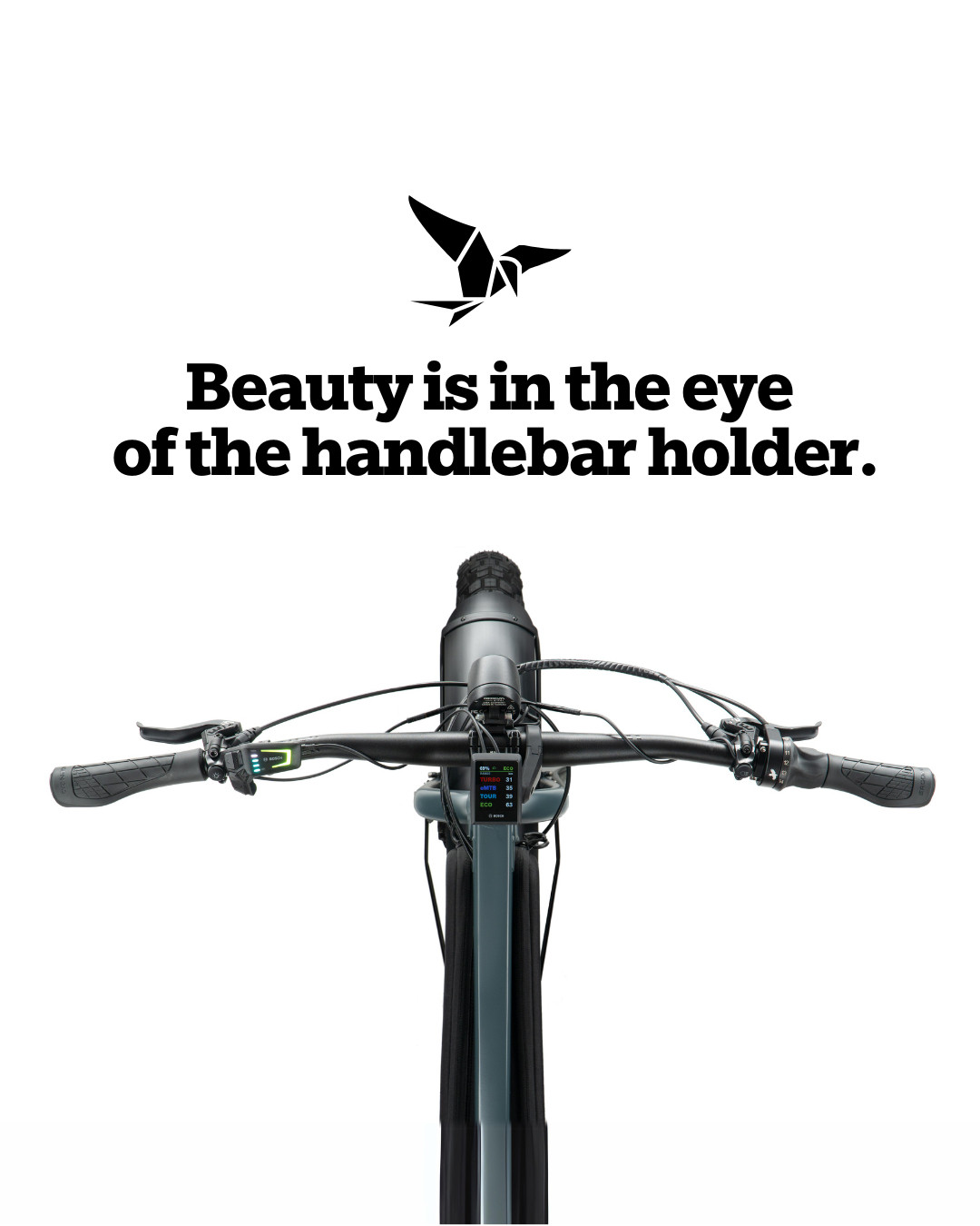 Tern Orox cockpit from the point of view of its rider. Copy says, "Beauty is in the eye of the handlebar holder.”