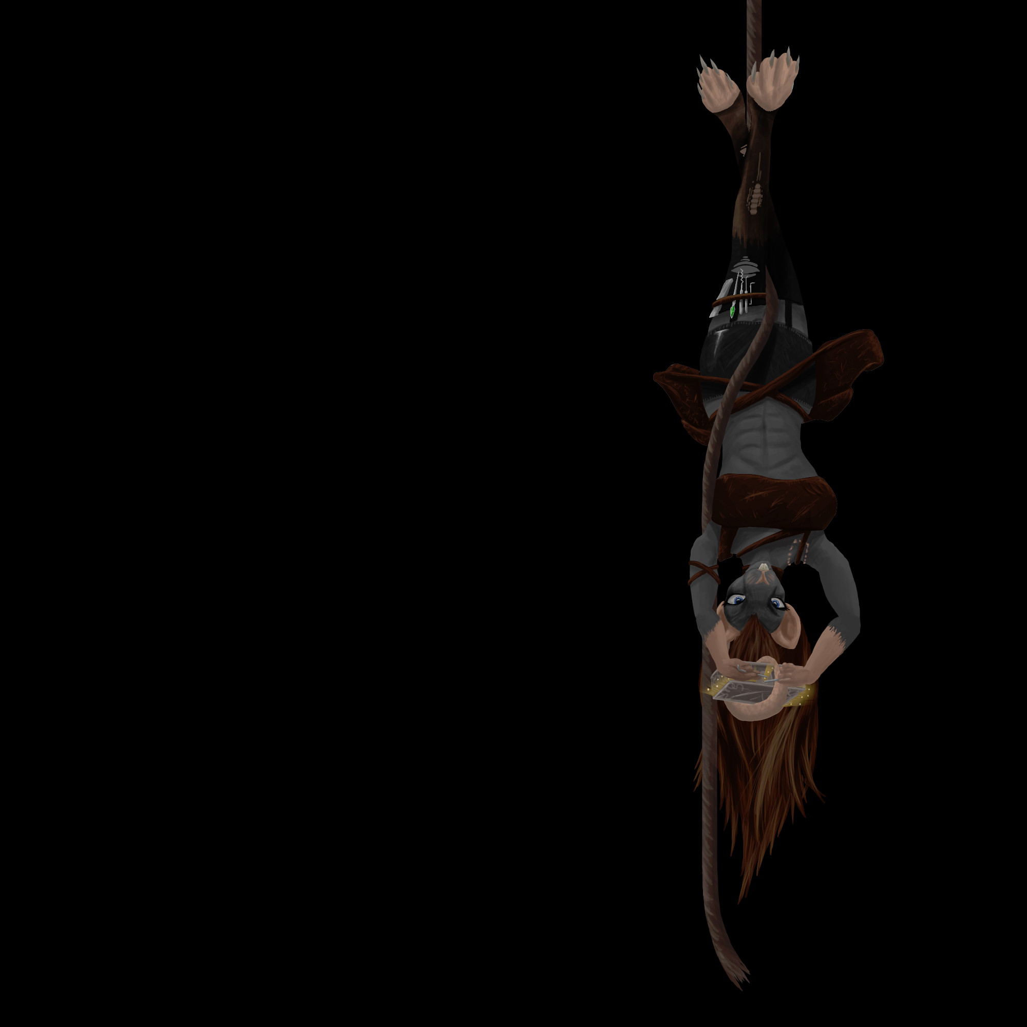 An upside down ratgirl hanging from a rope, picking the lock to a small chest. She has exposed abs and the tops of her hips are visible, meaning she might be ultra banned from twitch now