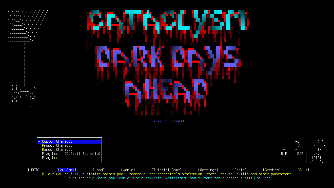 the title screen for Cataclysm: Dark Days Ahead. It's halloween themed, with the games name dripping ascii blood, a cute spider and some headstones, all ascii