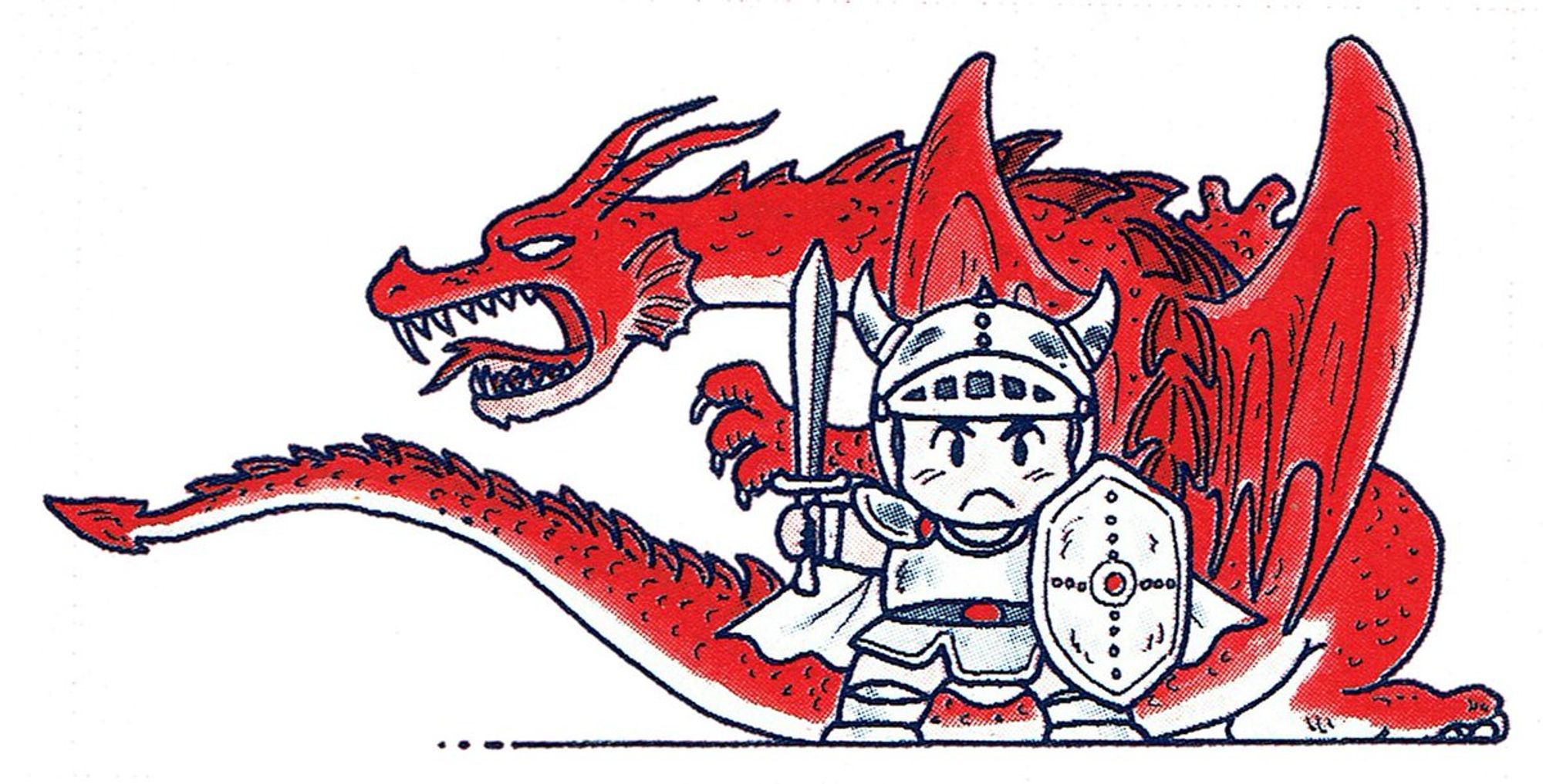 Dragon Quest original artwork for the manual. This one features a knight with armor and sword while behind him you see a large red dragon.