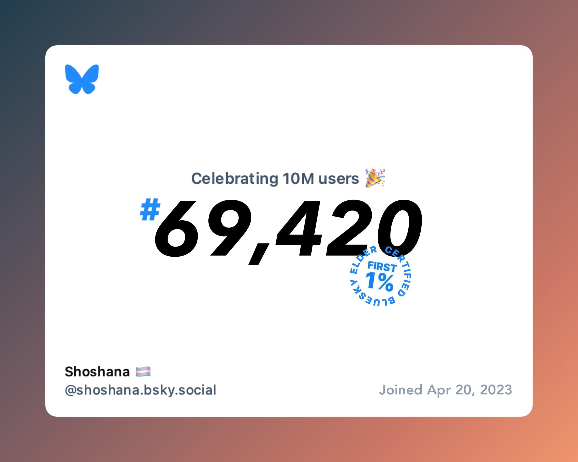 Bluesky image that says "Celebrating 10M users 🎉; #69,420; Bluesky Elder Certified First 1%; Joined Apr 20, 2023"