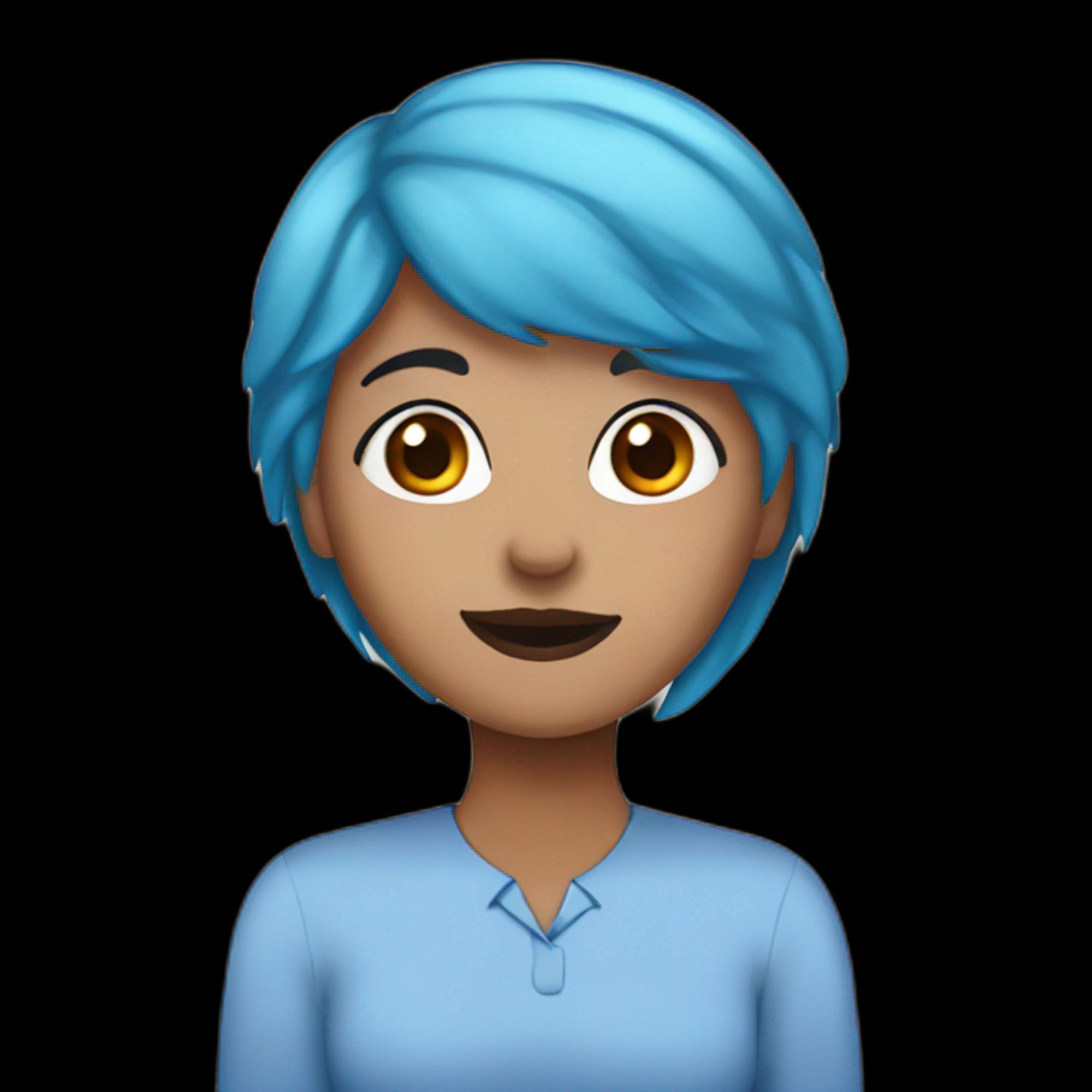 A woman with blue hair and pronouns emoji