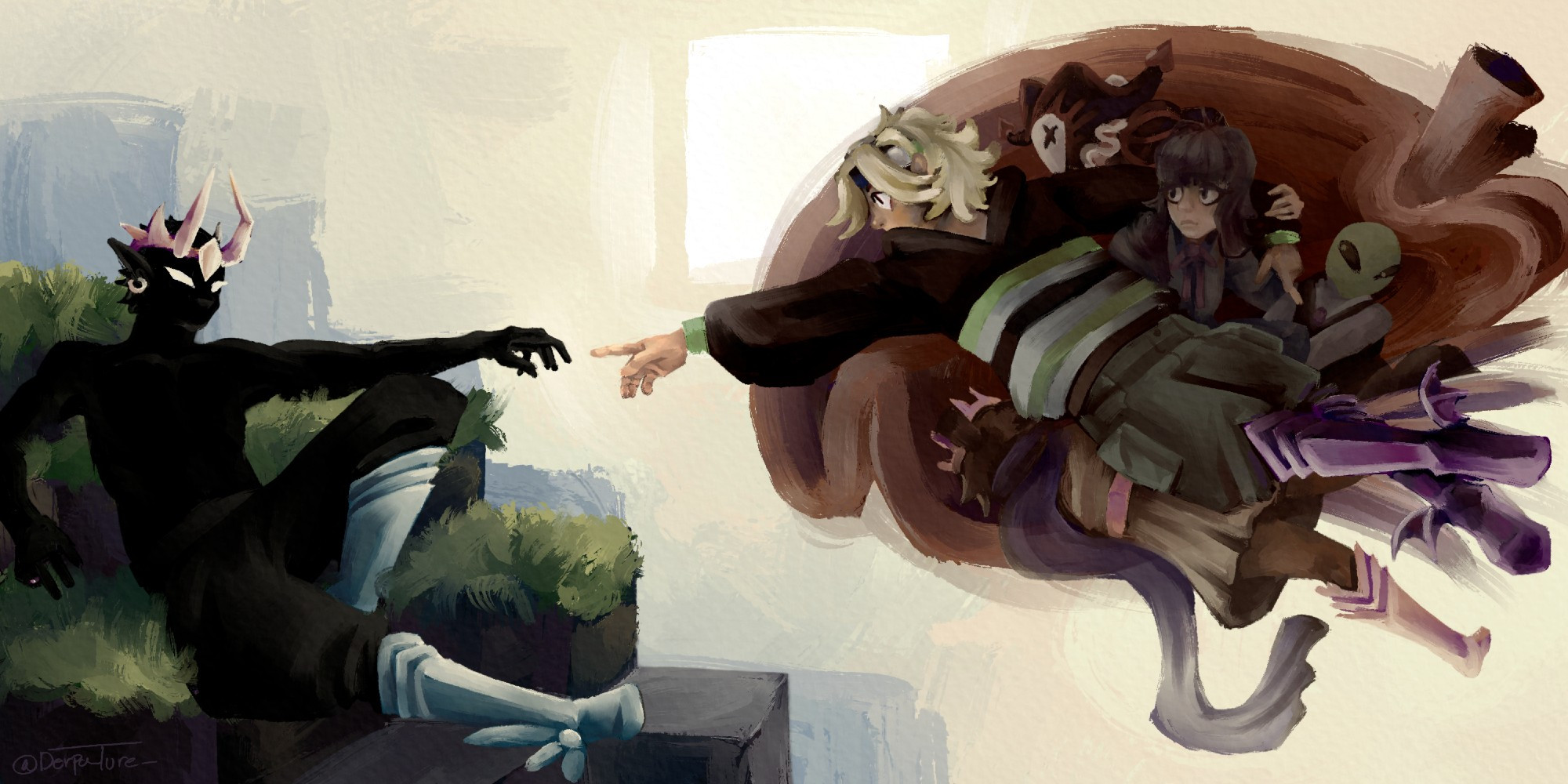 A painted digital art recreation of "The Creation of Adam" by Michelangelo but the characters have been replaced with those from Parkour Civilization. The important figures pictured: (left) EMF (Evbos master friend) reaching out to (right) Evbo, who is being held by other minor characters from the series. 