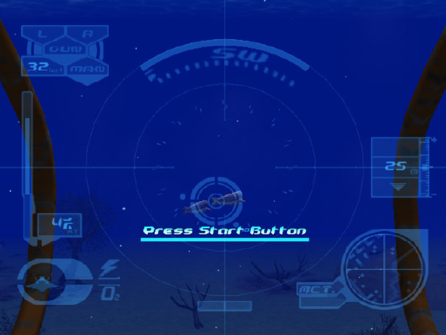 The underwater diving segment of time and Tide. It's first person with nothing but open blue water. The HUD displays depth, oxygen, and a minimap.