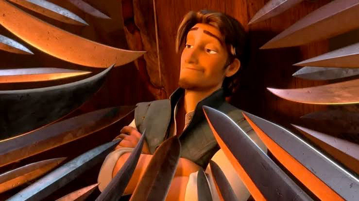 That annoying ass picture of Flynn Rider from Tangled where he’s in the centre of the frame surrounded by swords looking smug.