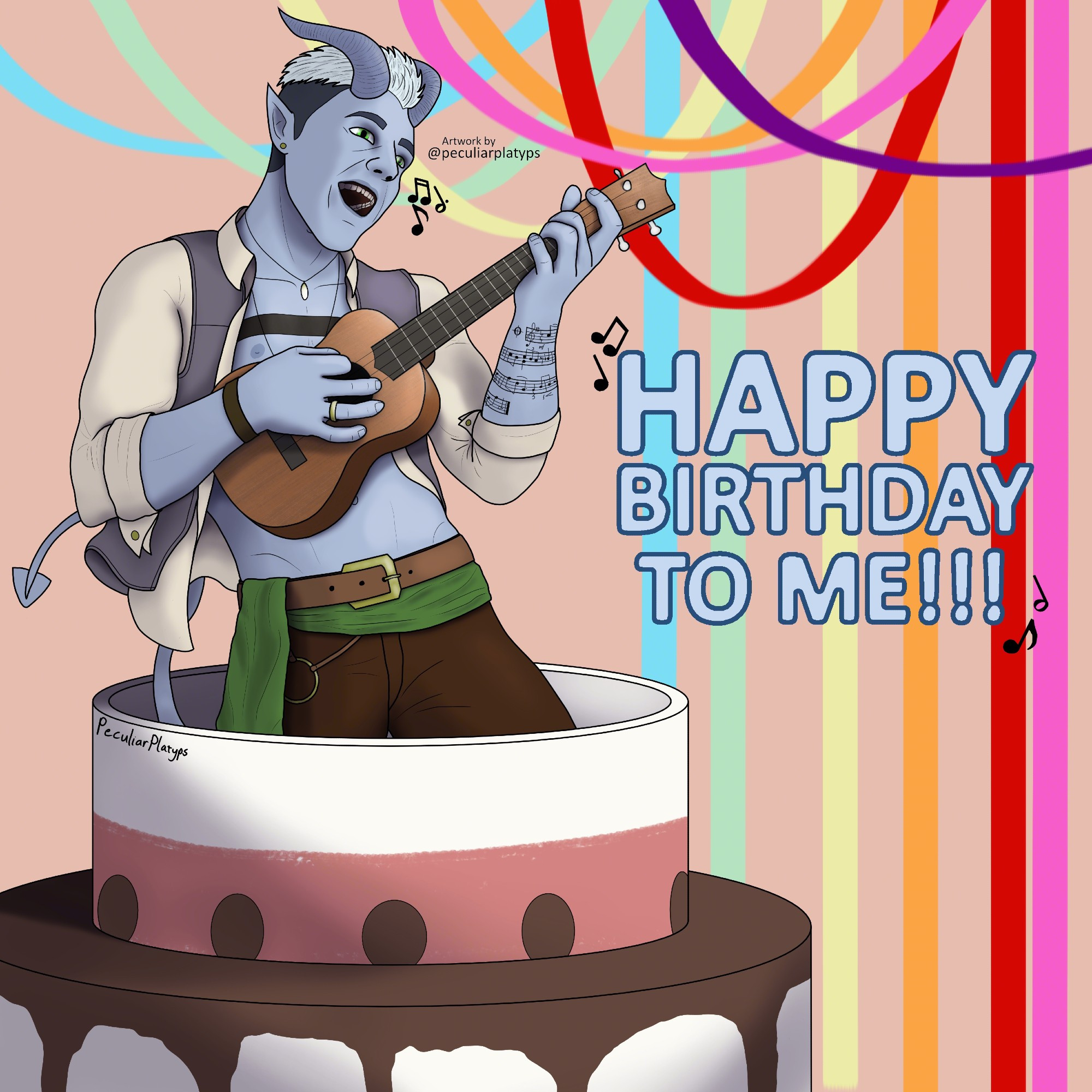 Digital drawing of a blue-skinned tiefling bard jumping out of a cake and singing "Happy Birthday". He is wearing a purple waistcoat with an open shirt and green sash at his waist, playing a ukelele, and has multi-coloured streamers in the background. He has a tattoo of a magical stave around his left wrist.