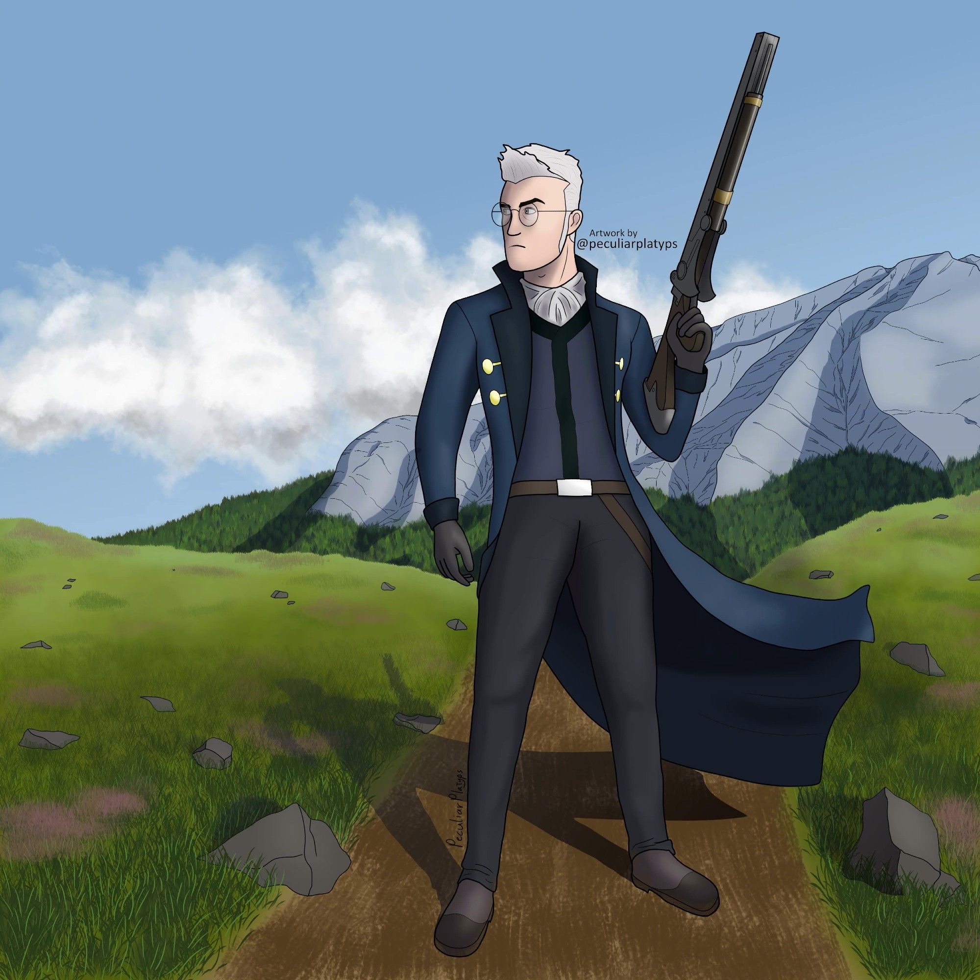 Digital drawing of Percival de Rolo from "Critical Role", looking stern as he stands on a mountain path looking to the left, with his coat billowing in the wind. He is surrounded by grassy hills and has a forested mountain in the background.