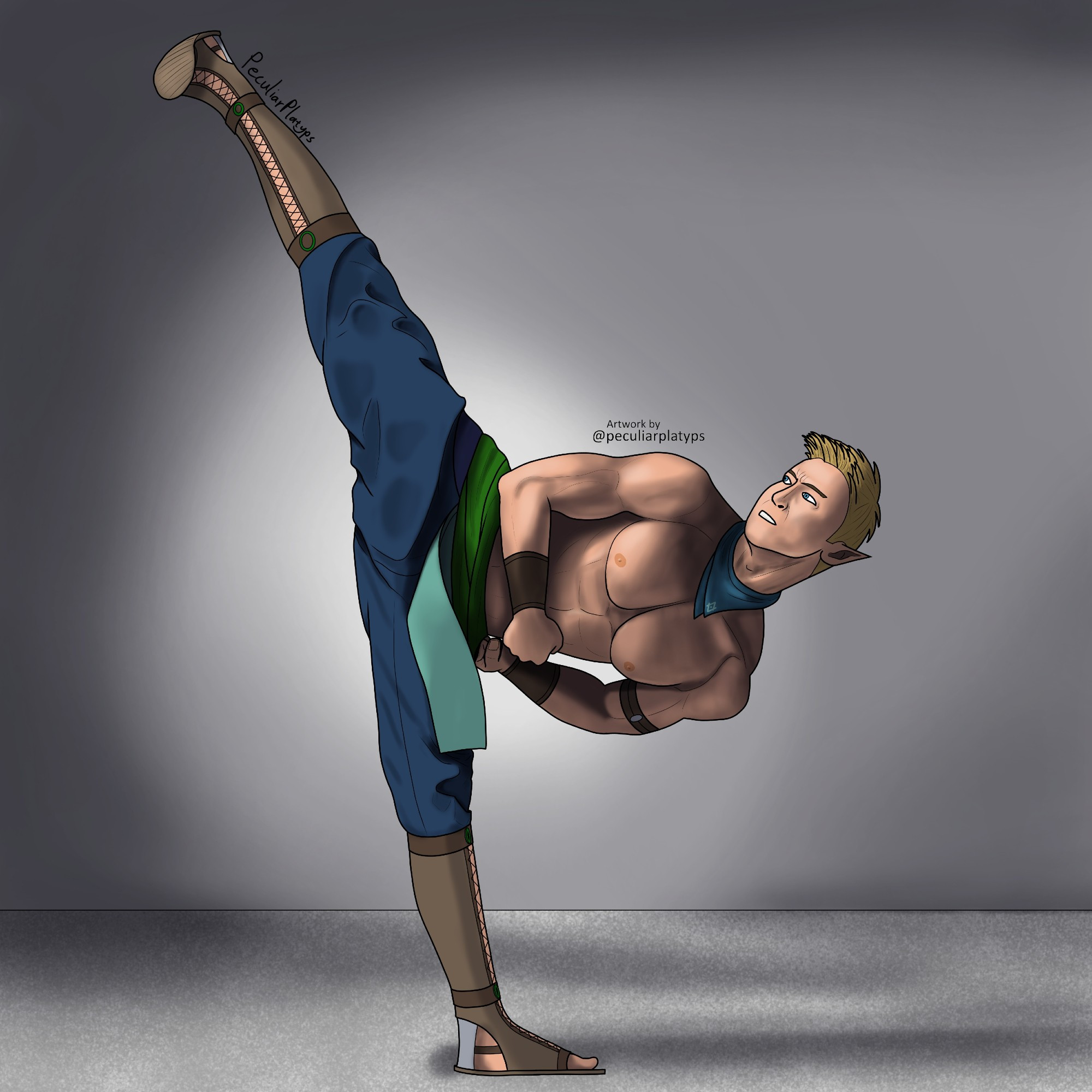 Digital drawing of a shirtless half-elf martial artist, with his body bent to the side as he performs a high kick. He is wearing blue trousers and neckerchief, with a green sash around his waist.