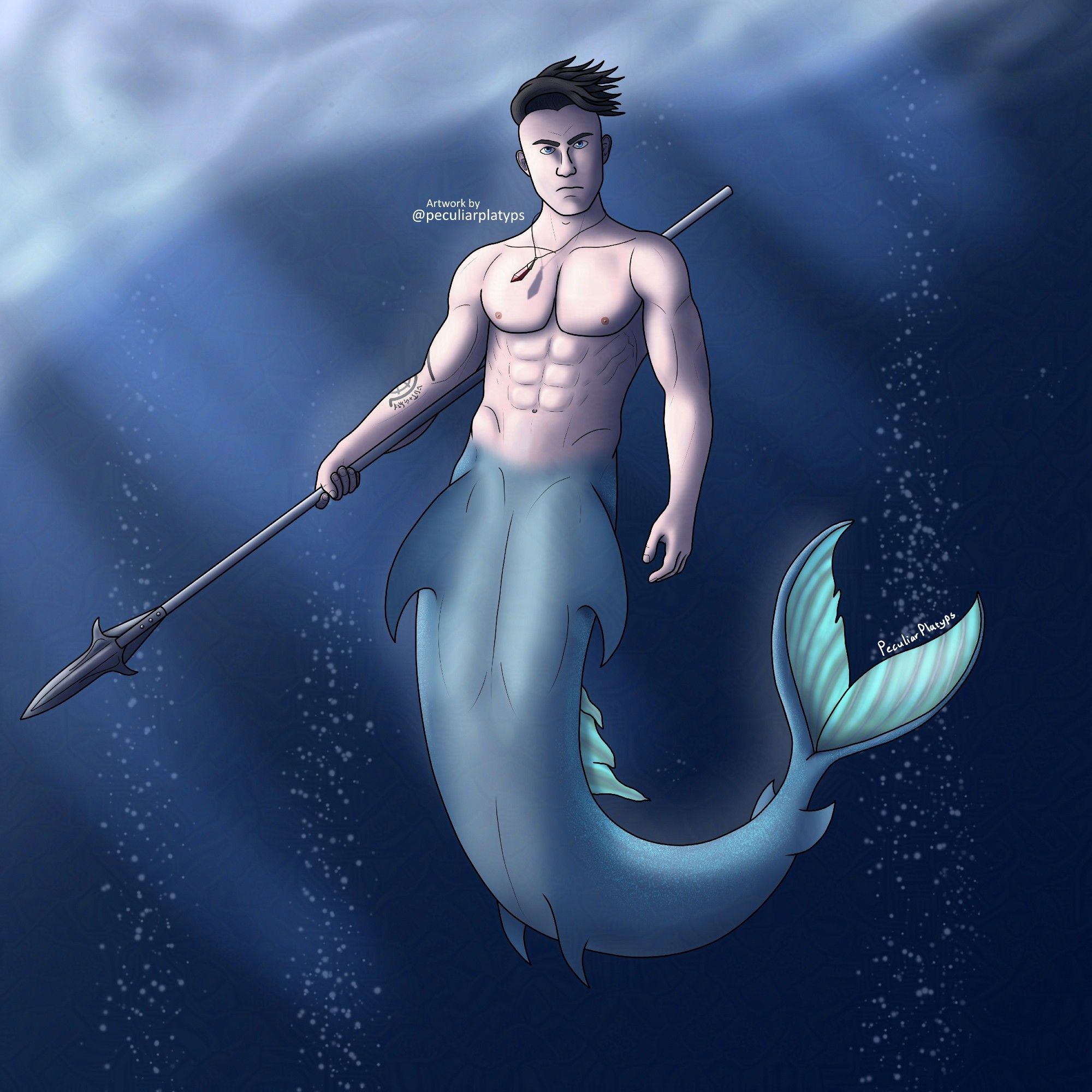 Digital drawing of a merman floating underwater, holding a spear and gazing towards the viewer with a stern expression.