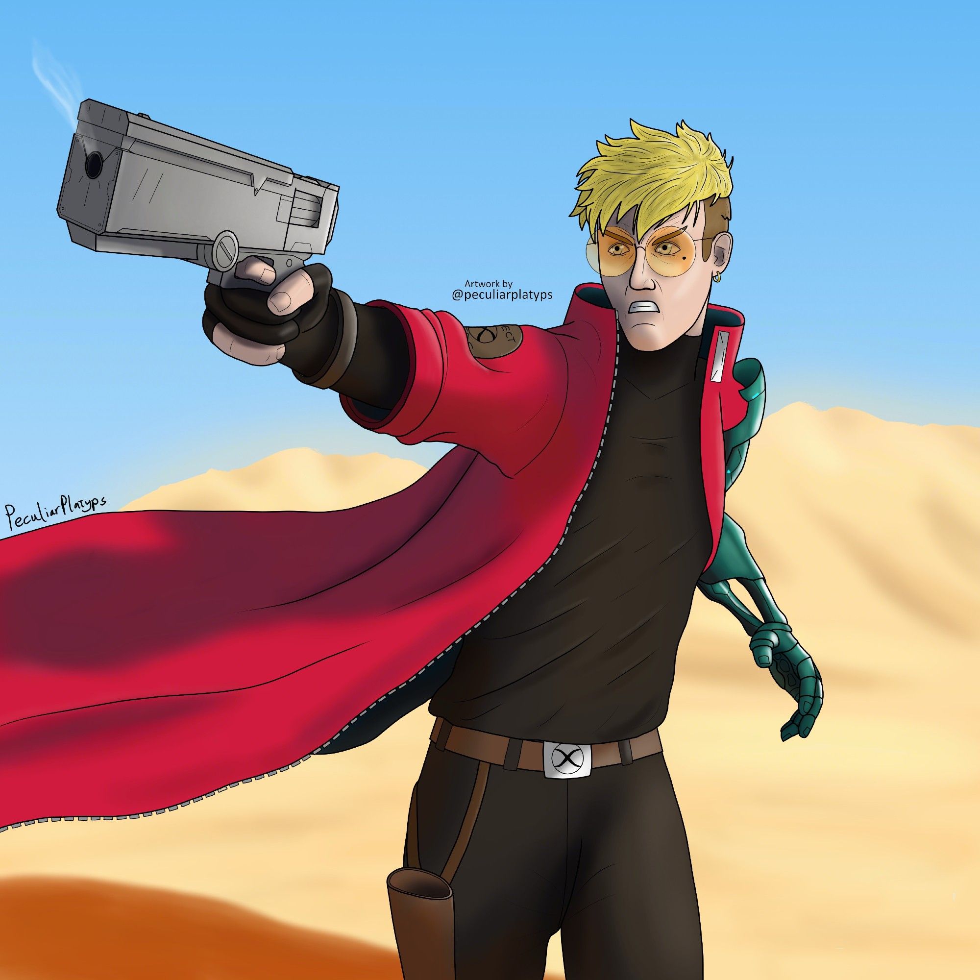 Digital drawing of Vash from "Trigun Stampede", looking angry and pointing a smoking pistol off to the left of the frame. His red coat is billowing in the wind, and he's standing in a sandy desert background.