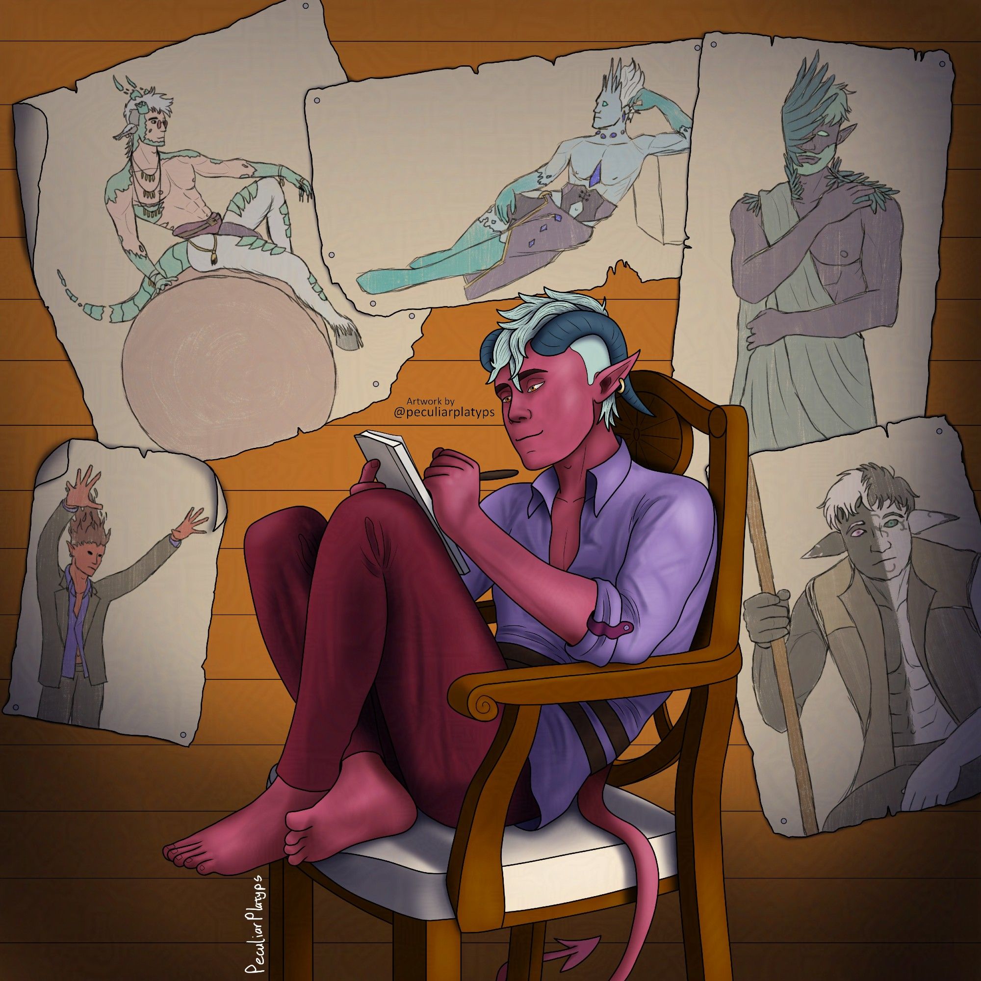 Artfight attack on edubenart of various OCs of his. Digital drawing of a red-skinned tiefling curled up in a wooden chair, drawing in a pad of paper. Pinned to the wooden wall behind him are large pieces of paper with sketches of other characters on them - clockwise from the bottom left: a flame-haired fire genasi in a suit, with his arms raised; a dragonborn-satyr hybrid, sat provocatively on a ball; a reclining ice genasi; a feathered half-elf in a toga; and an elf whose colouring is equally split between black and white, kneeling and holding a staff.