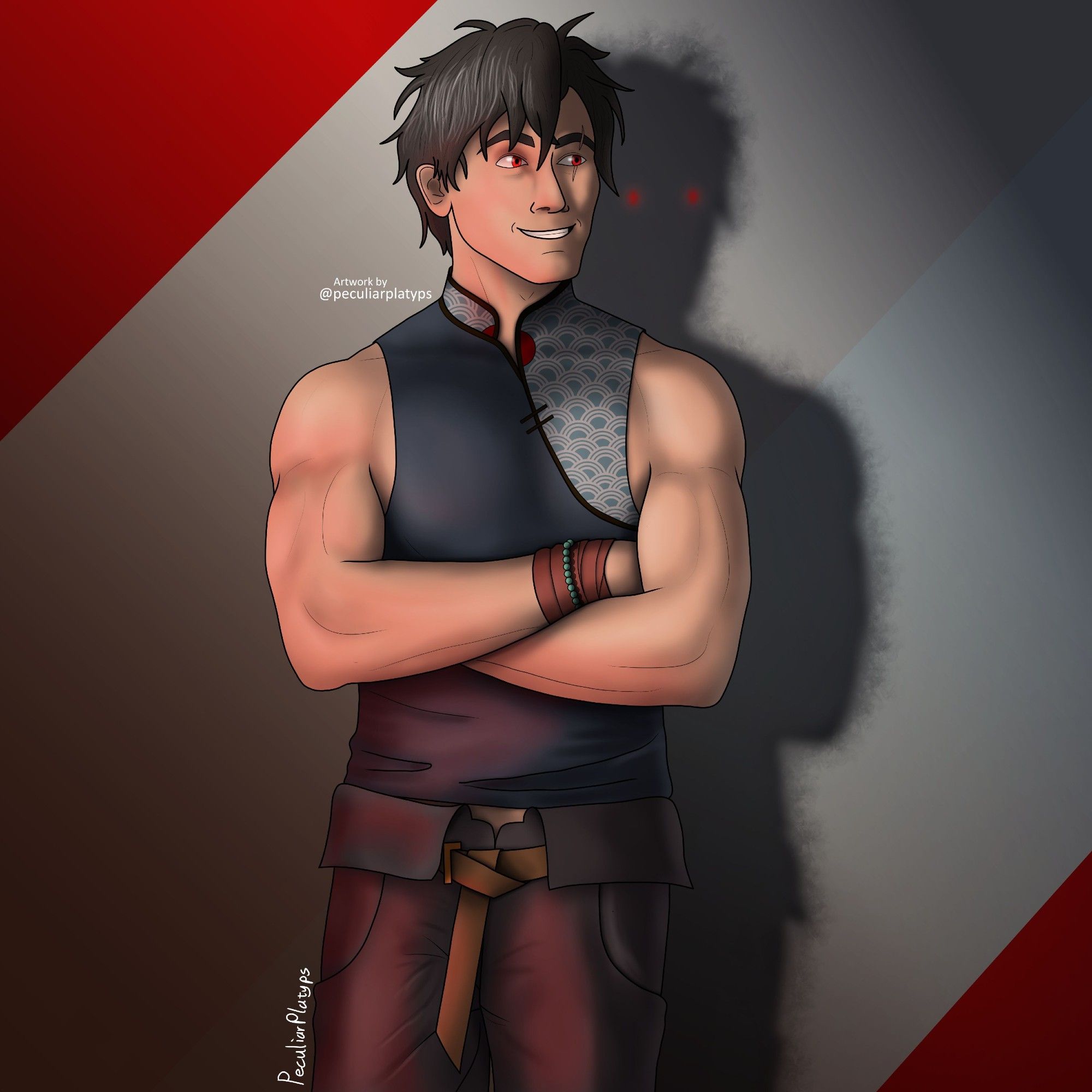 DTIYS for nikittysan of their OC Kiza. Digital drawing of a young man with dark hair, red eyes, and a cheeky grin. He is standing with his arms folded, looking off to our right, wearing a sleeveless shirt of dark blue, and has a shadow with glowing red eyes peeping out from behind him. He is lit by white light from above and to the left, and a red glow from below and to the left.