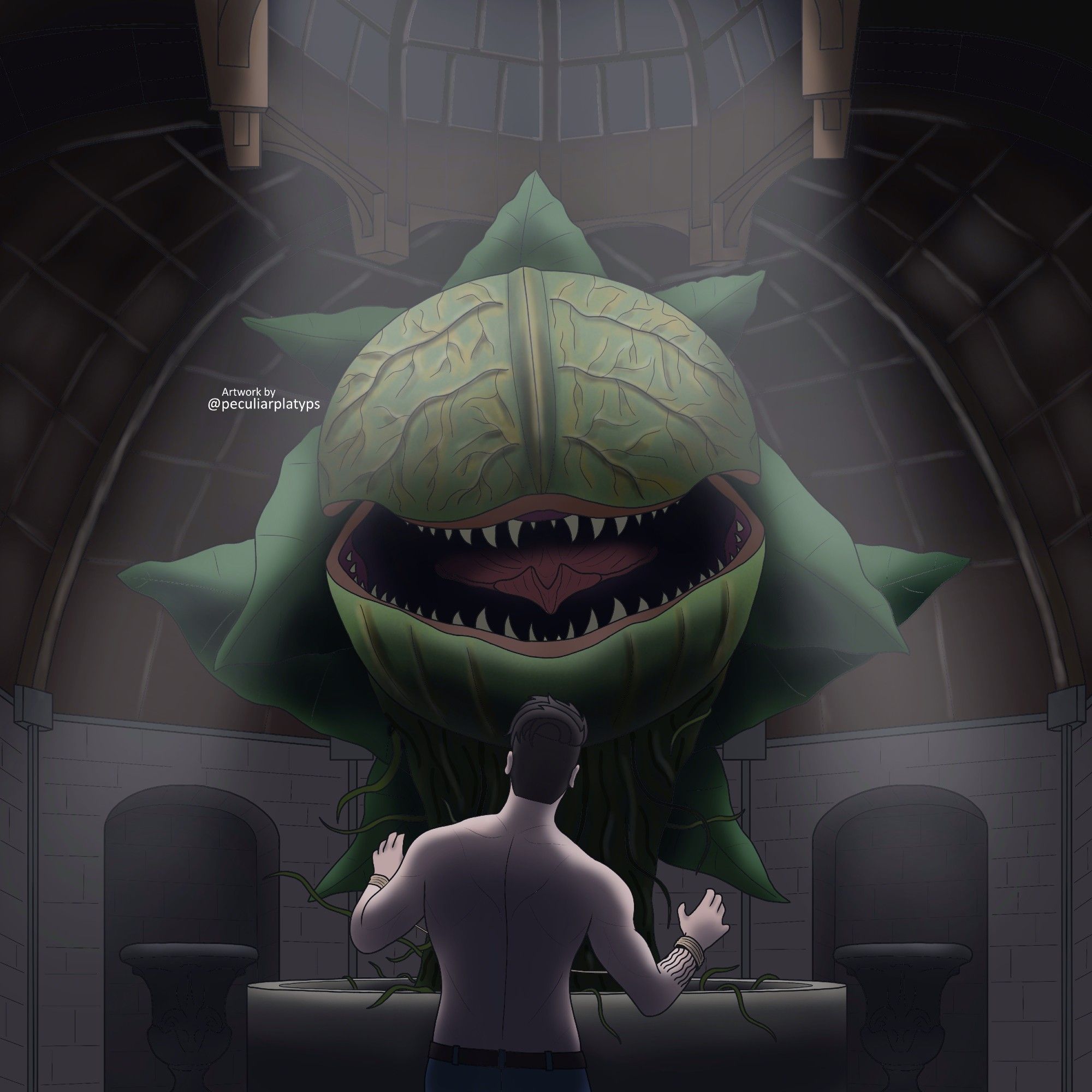 A young man, his shirt gone and ropes around his wrists, stands in a domed chamber with windows at the centre of the roof. He is facing away from the viewer, arms raised to ward off the large carnivorous plant sitting in the centre of the room, bathed in moonlight, as it leans forward towards him.