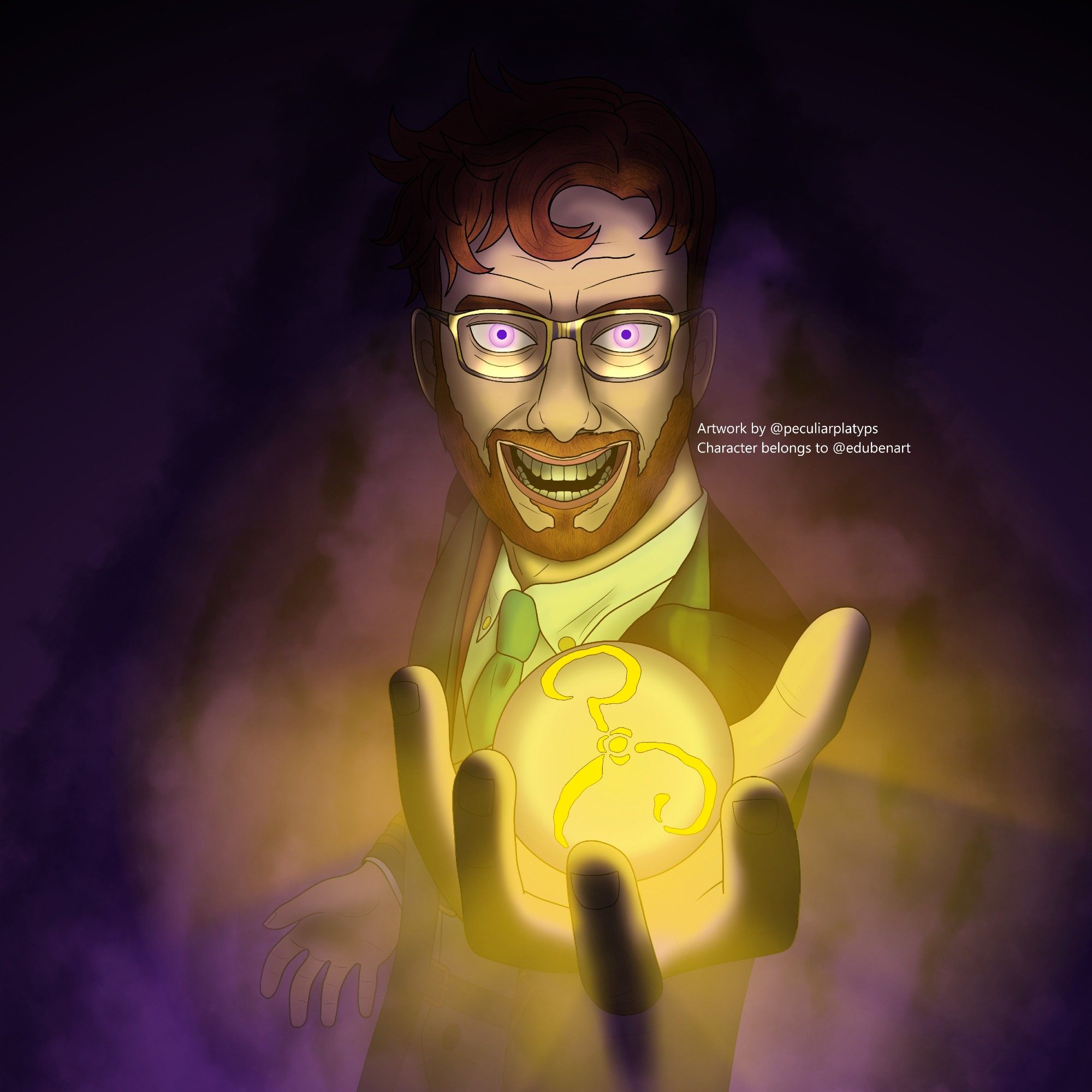 Digital drawing of a red-haired and bearded man in glasses leaning towards the camera. His left hand is raised, holding a glowing orb emblazoned with Lovecraft's Yellow Sigh. His mouth is open in a manic grin.