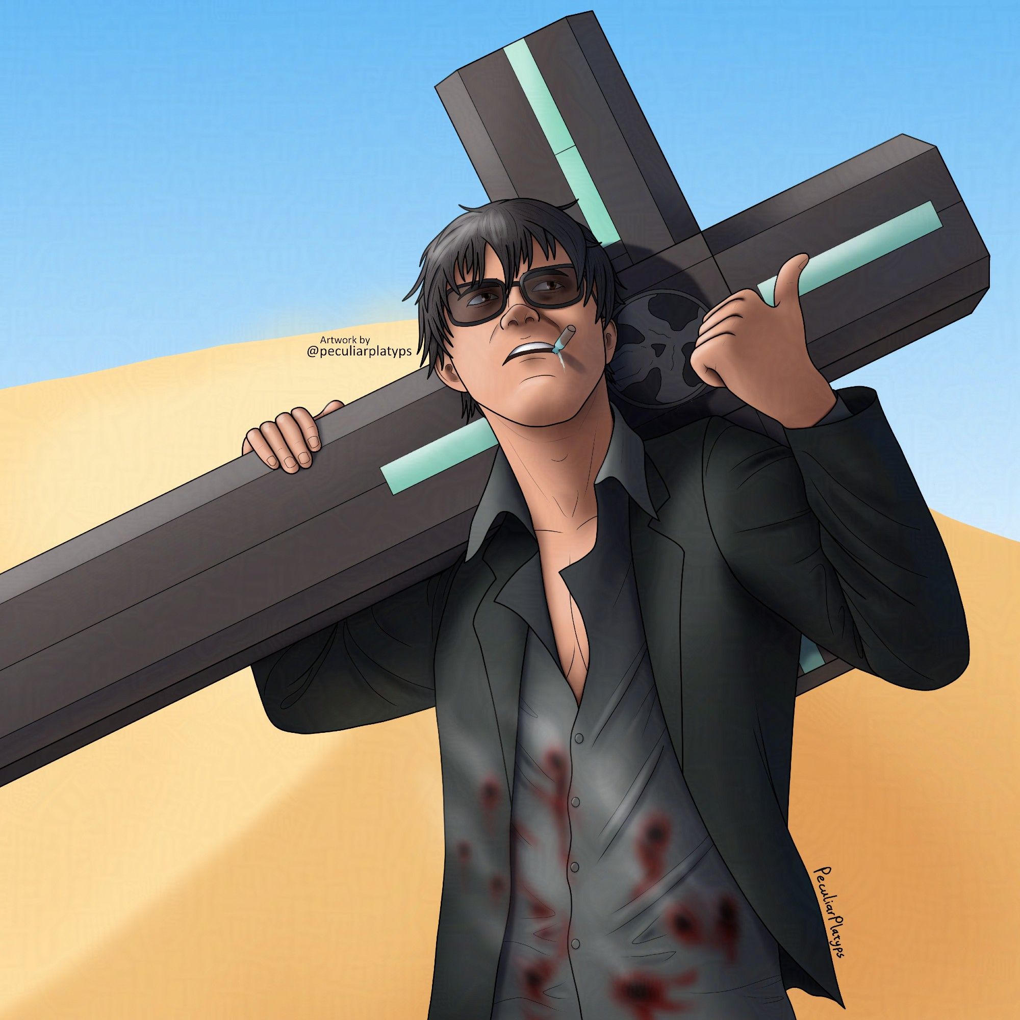 Digital fanart of Wolfwood from the anime "Trigun Stampede." Drawing shows a man in a black suit with a grey shirt open to the sternum, with dark hair and glasses. He's carrying a futuristic crucifix-shaped gun over one shoulder, doing a thumbs-up with his other hand towards someone beyond the right of the frame, and has a small vial of pale blue liquid clenched between his teeth. The front of shirt is stained with blood, which steam as the regenerative drug in the vial heals him.