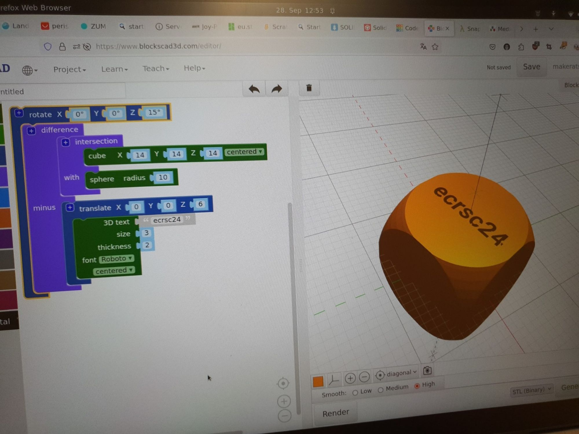 Mit blockscad3d programmierter und gerendeter Würfel. Auf der Oberseite des Würfels ist der Text 'ecrsc24' zu sehen