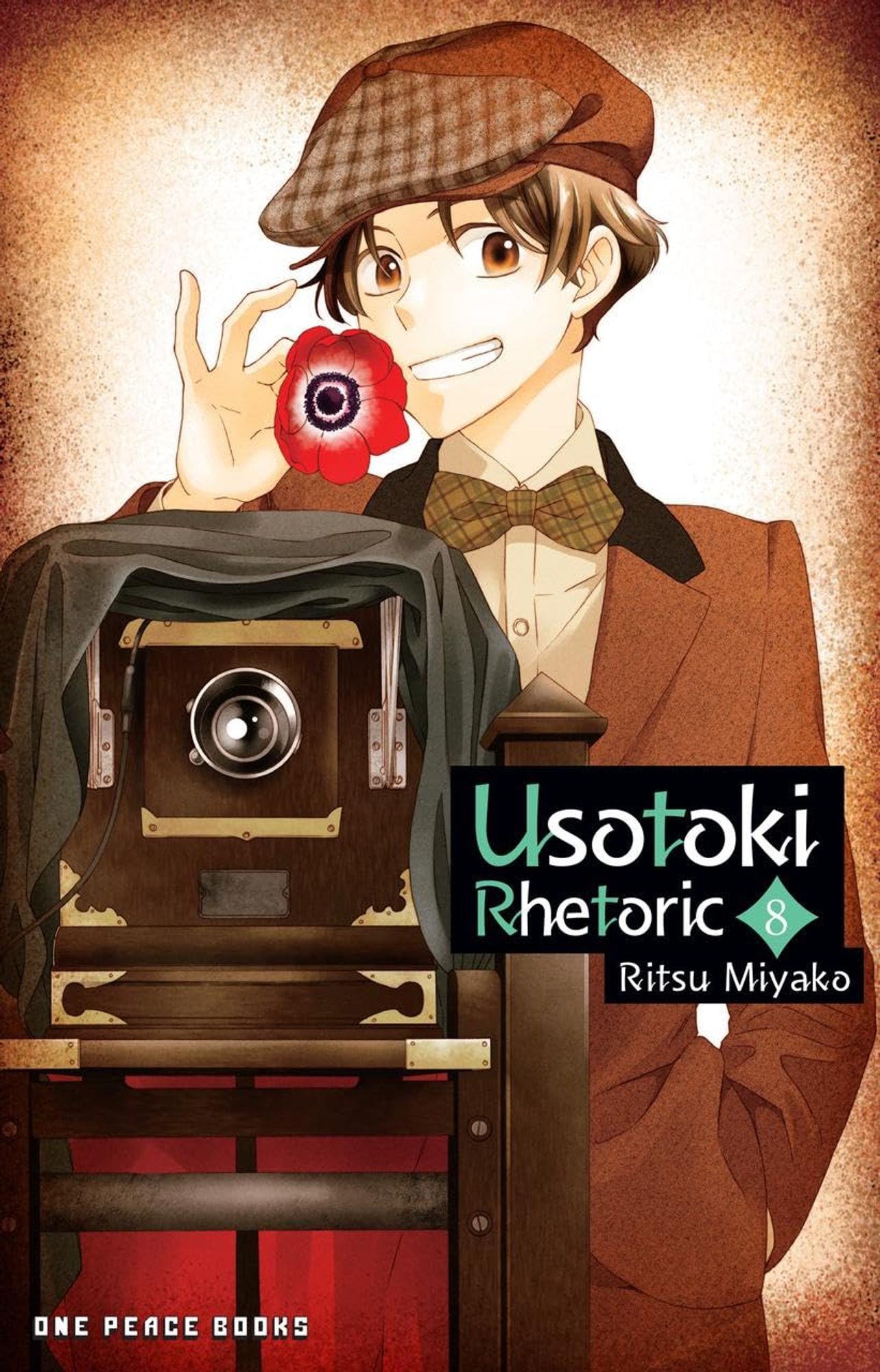 Title image for Usotoki Rhetoric, Vol. 8. A man in a plaid scally cap and bow tie, brown suit, and white shirt stands smiling behind an old-fashioned box camera and holds up a red flower.