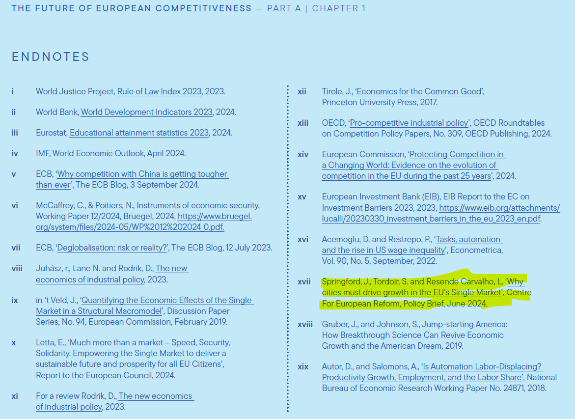 Citation for my, @sandertordoir.bsky.social and Lucas Resende Carvalho's piece on cities and the single market is cited in Draghi's competitiveness report