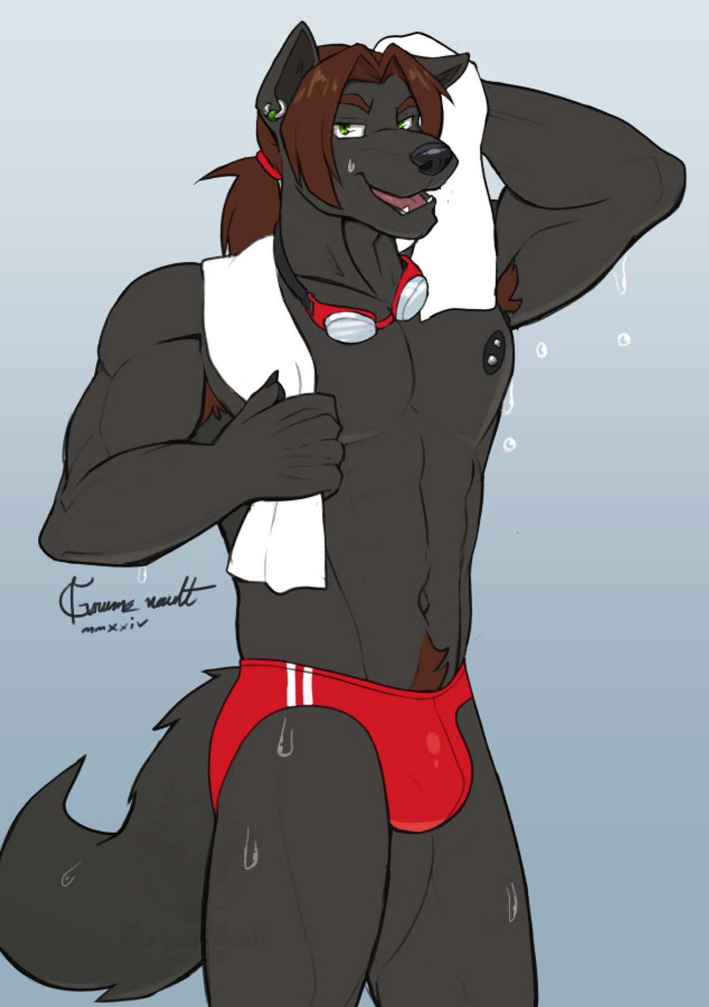 Anthropomorphic wolf wearing a speedo just out of the swimming pool 