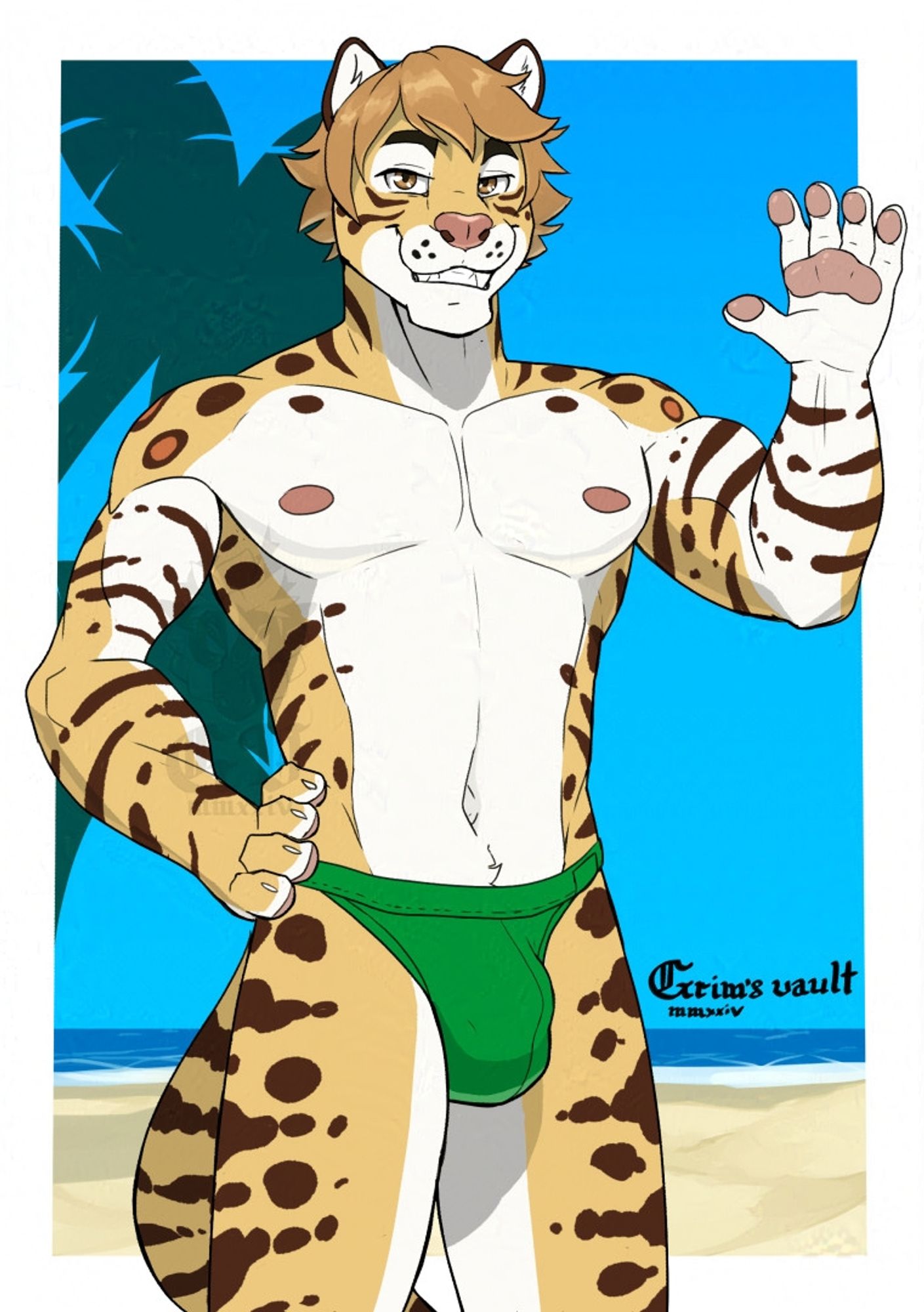 Anthropomorphic ocelot on the beach wearing a speedo and waving to the viewer