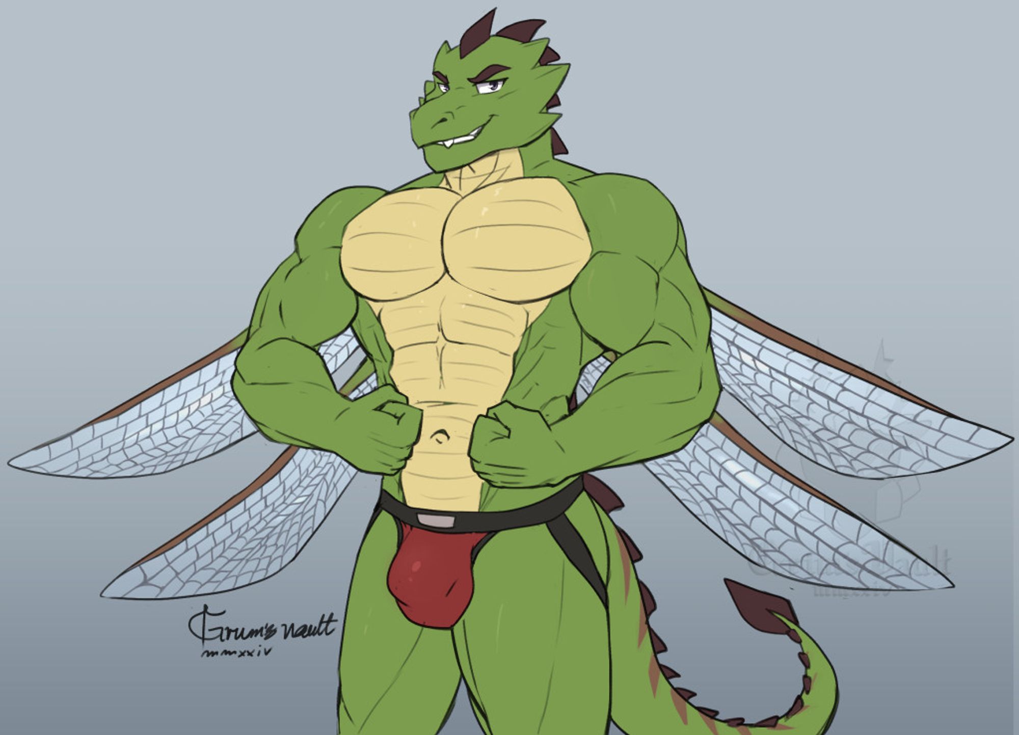 Dragon with dragonfly wings flexing his huge muscles