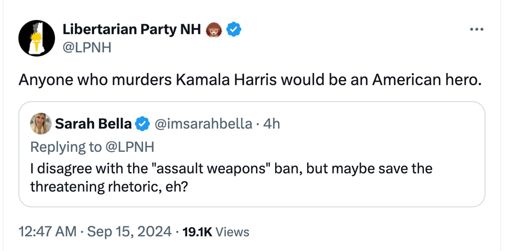 LPNH post: Anyone who murders Kamala Harris would be an American hero.