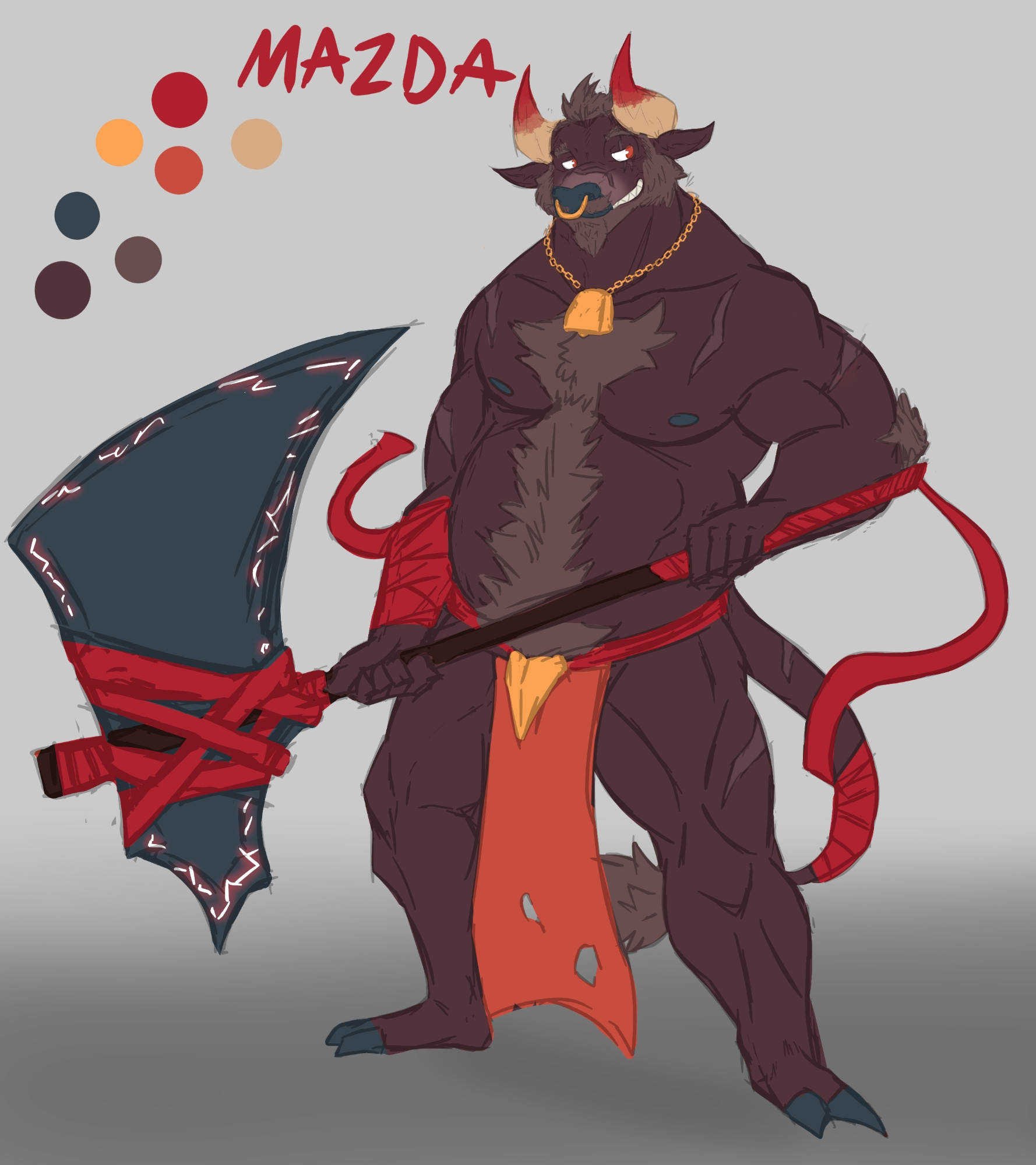 Mazda, a fire bull who uses a large elemental axe. Ref made by @Mashuntruk.bsky.social