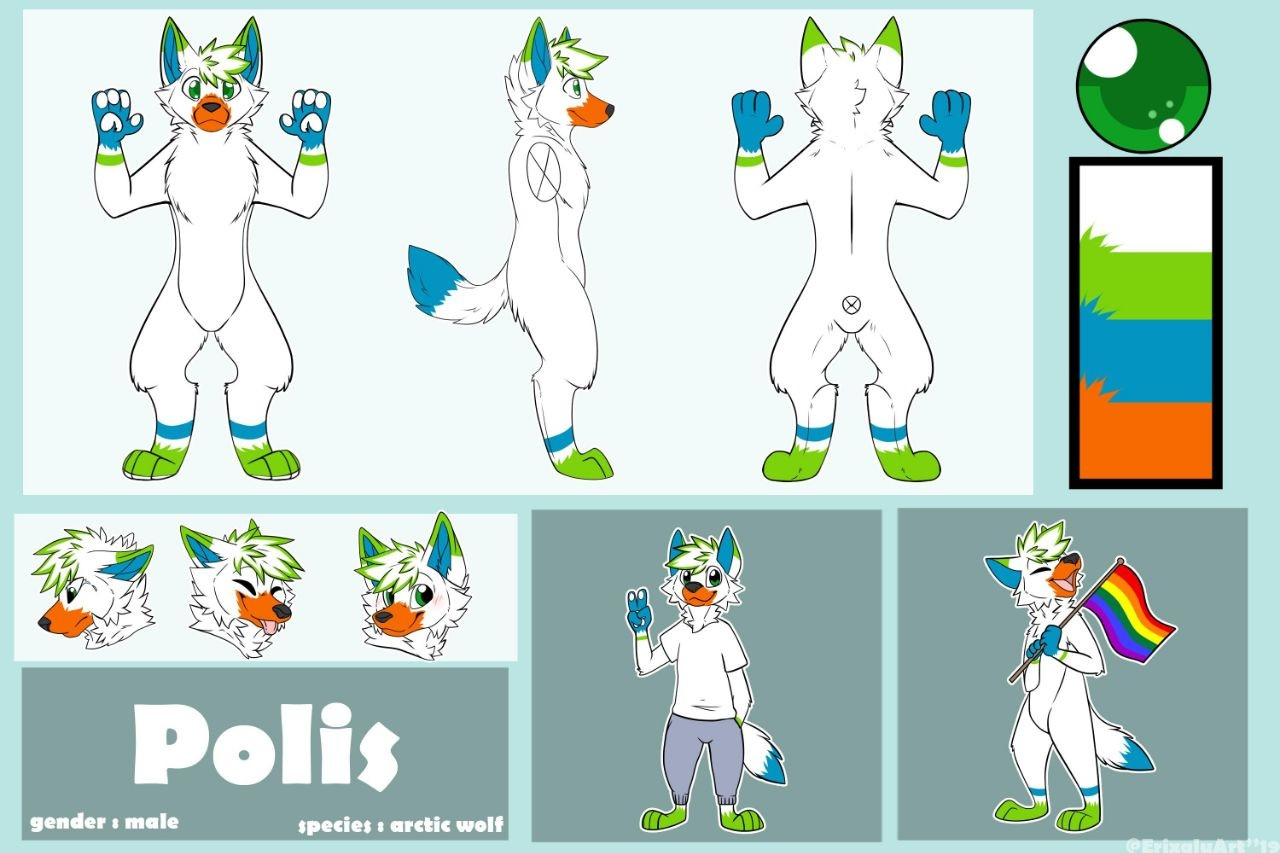 Polis, a white artic wolf, with some parts of green, blue and orange. Ref made by @ErixaluArt.bsky.social