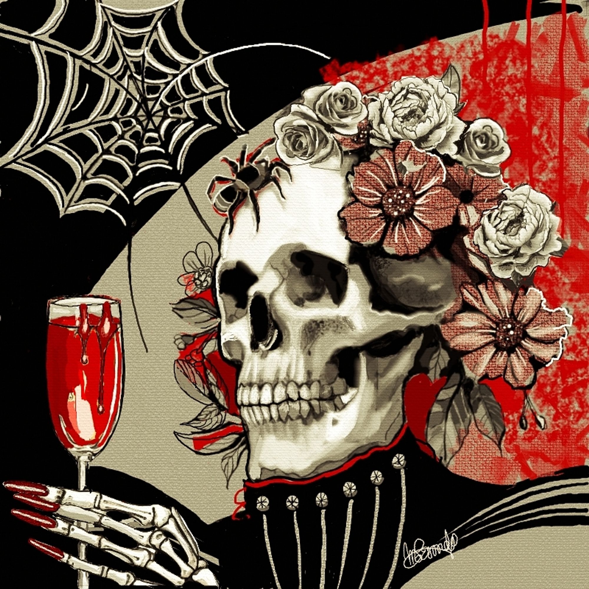 Ink drawing celebrating Halloween ,in red, beige and black colors, a skeleton with a big spider on its skull, holding a glass of blood with long red nails on its hand, flowers all around its skull like a crown