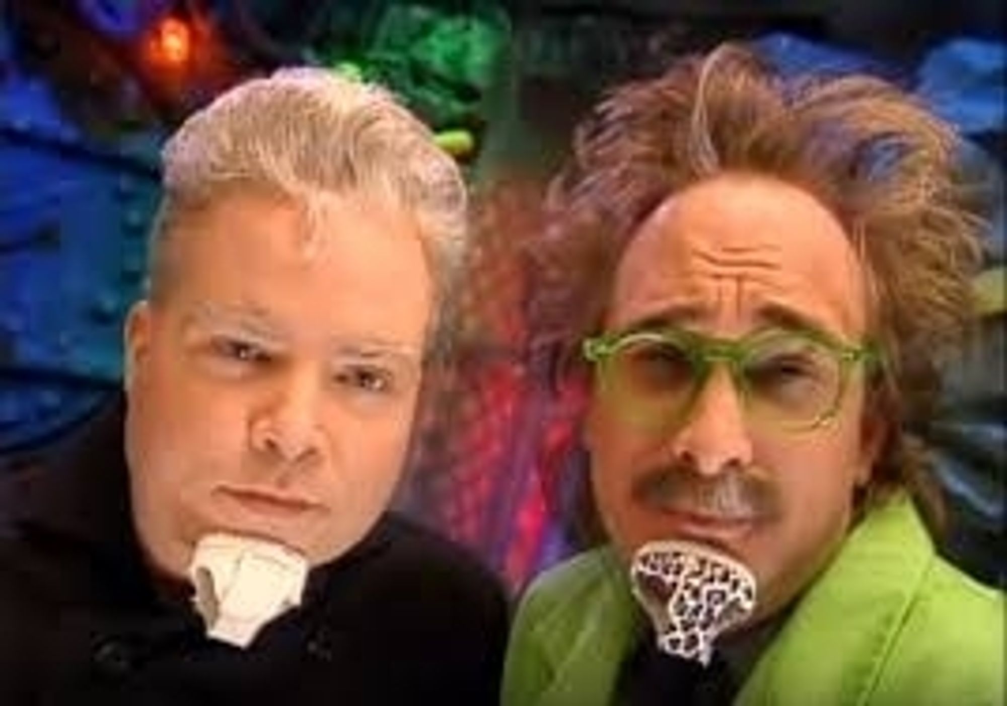 TV's Frank and Dr Forester, from Mystery Science Theater 3000, modeling underwear on their chins, called chinderwear.