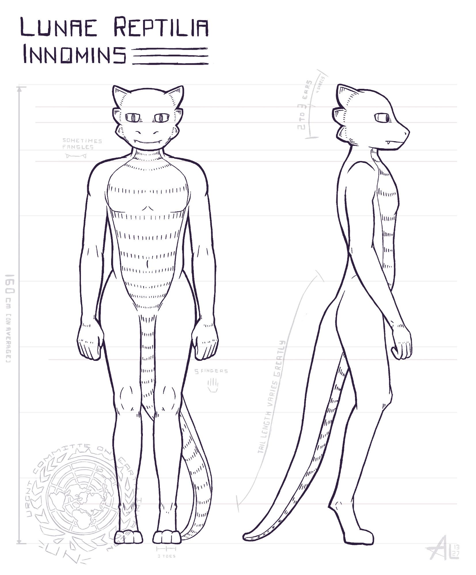 The drawing in two colors - an anatomical reference of lean humanoid reptiles with three ears designed as a UN document. The seal of "Urgent Committee on Earth Invasion of the UN" is at the bottom left.