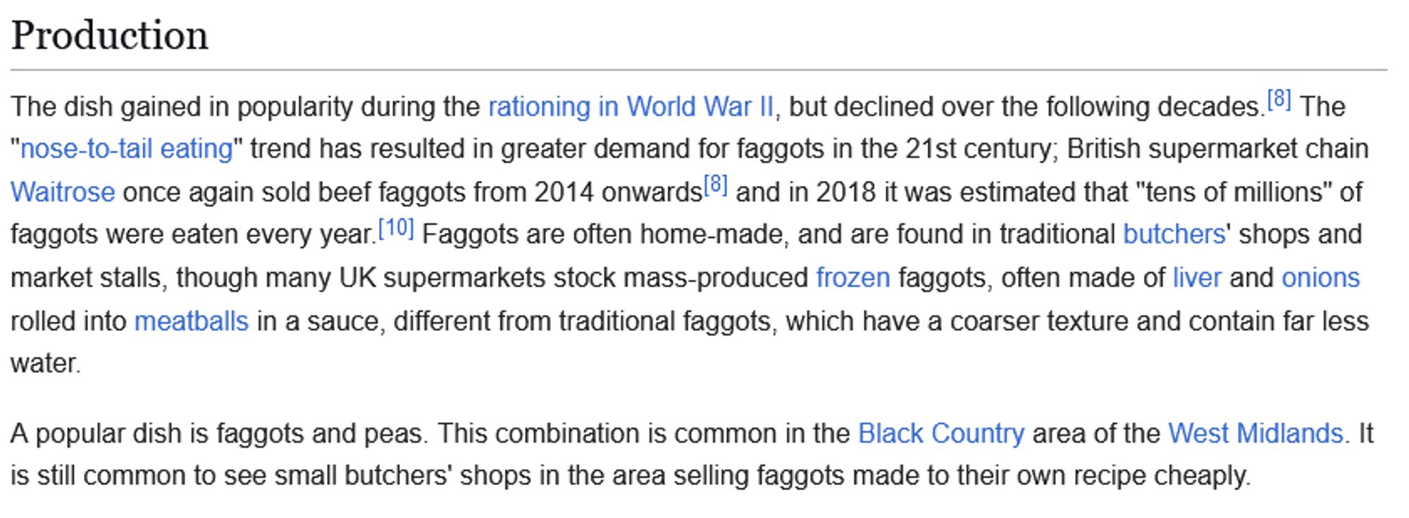 Wikipedia screenshot from the article for "Faggots_(food)"