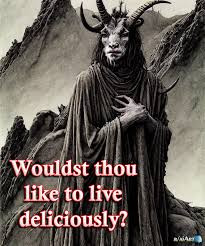 Robed goat man with the words "Wouldst thou like to live deliciously"