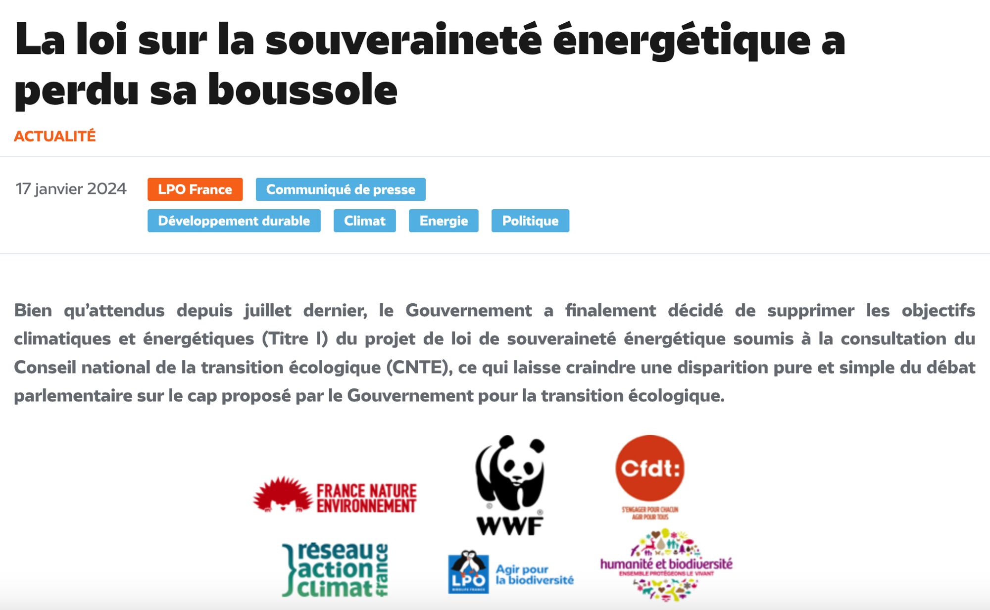 Introduction du communiqué de presse des 6 organisations signataires.