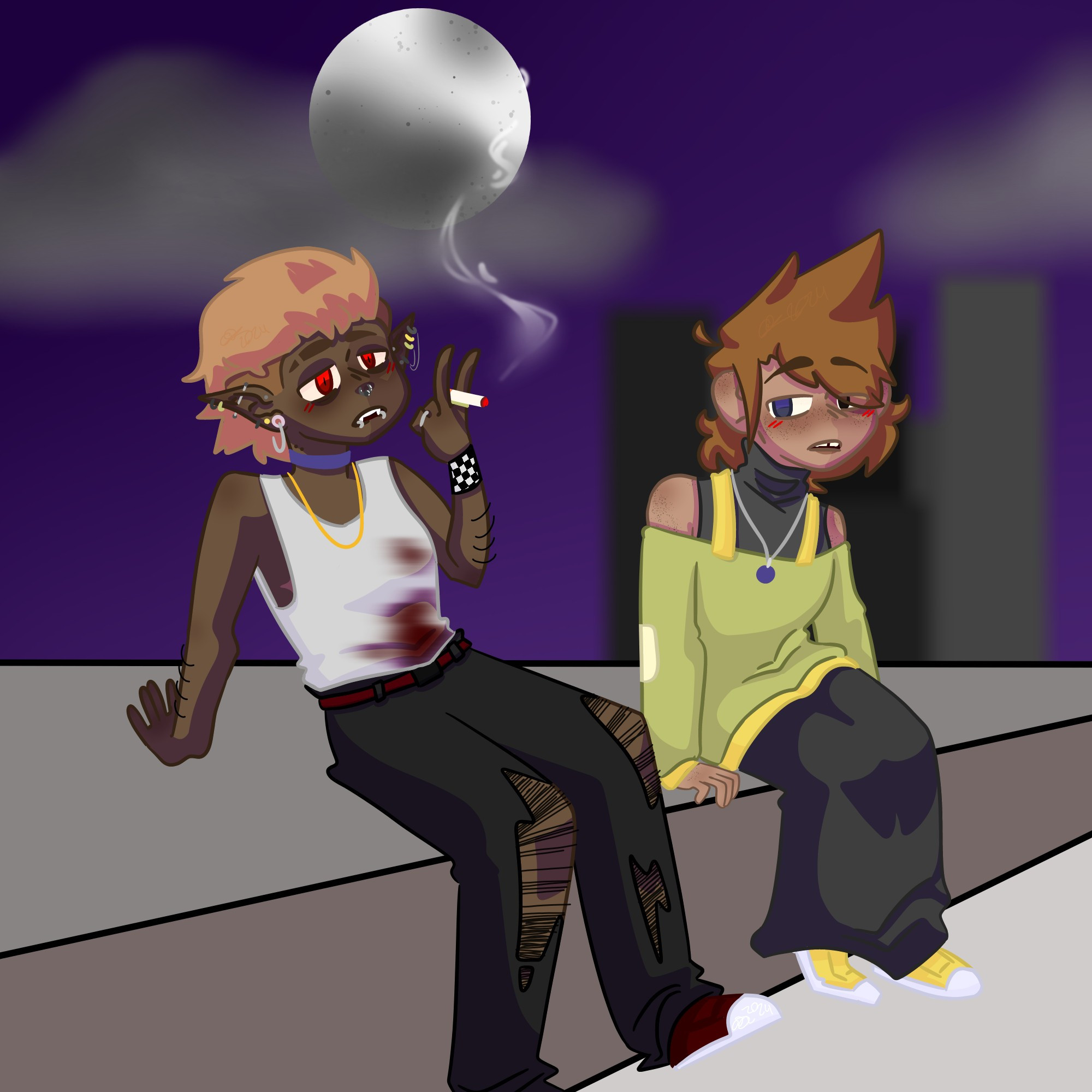 Two characters sitting on a cement brick. 
One is a person of color, person on the left, he is smoking. The person on the right is watching. Both of their mouths are open. 
The person on the left is wearing a light gray tank top with red smeared on it. He is wearing dark gray pants with rips on them. His shoes are red and he has a checkers thing on his left wrist. 
The character on the right is in a green off the shoulder jumper, it has yellow straps to hold it up. Beneath it is a gray sleeveless turtle neck shirt. A slightly darker gray skirt on as well. The shoes are yellow, matching the straps of the jumper.