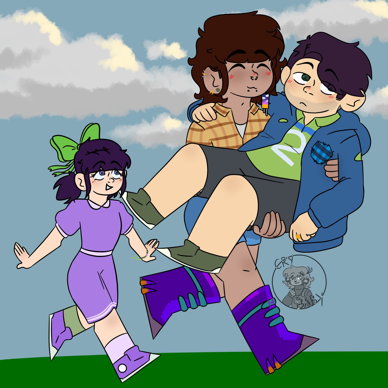 Stardew Valley farmer running while carrying Shane, Jas is on the left of the screen.
The farmer is wearing a yellow cozy flannel, blue shorts, an mid shin purple boots. 
Shane is in his everyday outfit, but the J on his chest is covered by blue plaid patch. 
Jas is wearing her everyday outfit, her socks are mix matched, and she has a small green bracelet on her left wrist.