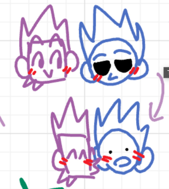 On the top is, A square with hair and a silly little smily face on the left. The square is Matt from eddsworld and is purple. As well as. A circle with hair on the right, It too has a silly little face. The circle is Tom from eddsworld and is blue.
On the bottom is the same Square and Circle with different facial expressions. The sqare (Matt) is kissing the side of the Circle (Tom). The Circle is surprised while the square is happy.